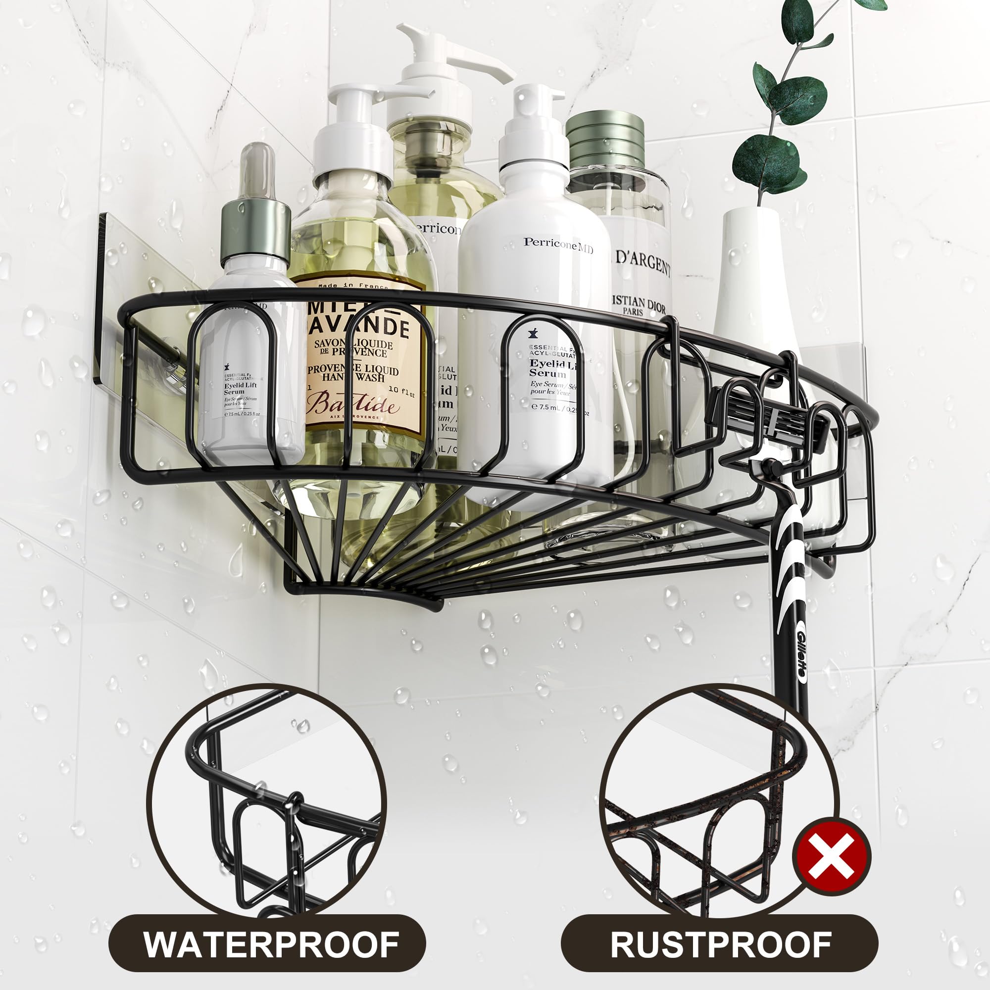 Orimade Corner Shower Caddy With 2 Hooks Wall Mounted Metal Bathroom Shelf Storage Organizer Adhesive No Drilling 2 Pack, Black