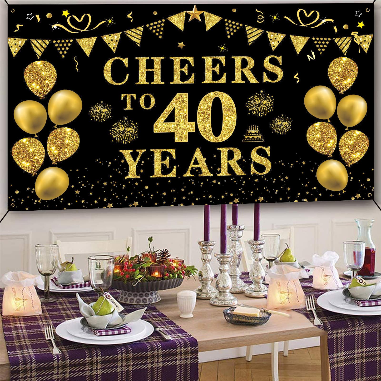 Trgowaul 40Th Birthday Decorations For Women Men, Cheers To 40 Years Banner, Black And Gold 40Th Birthday Backdrop, 40Th Wedding