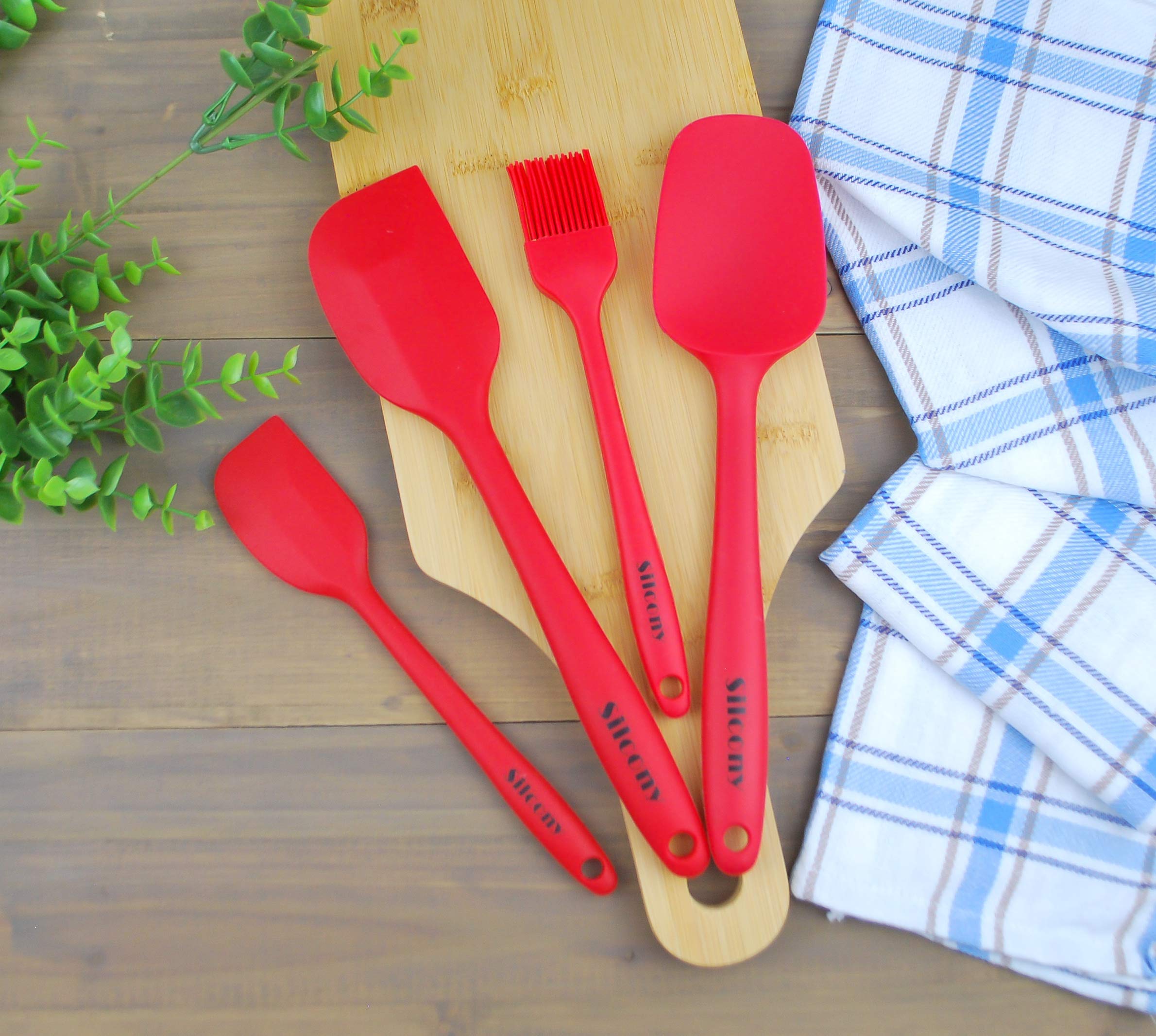 Silcony Set Of 4 Pure Silicone Spatulas Spoon Pastry Basting Brush Heat Resistant (11''-8.4'') (4, Spatula Set - Red)