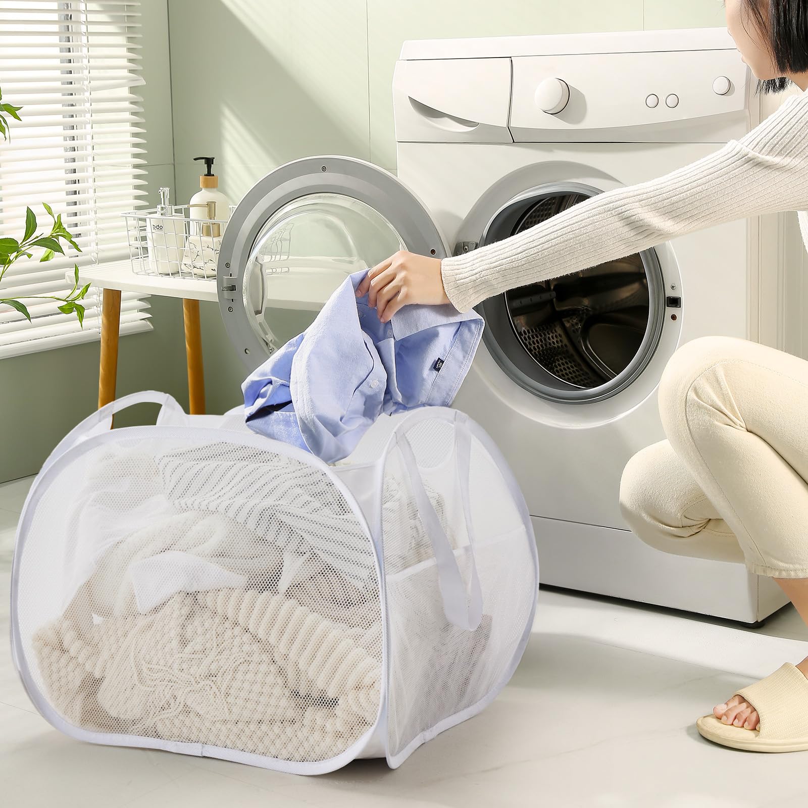 Techmilly Collapsible Mesh Pop Up Laundry Hamper With Strong Handles, Large Opening Clothes Hamper With Side Pockets, Storage Ba