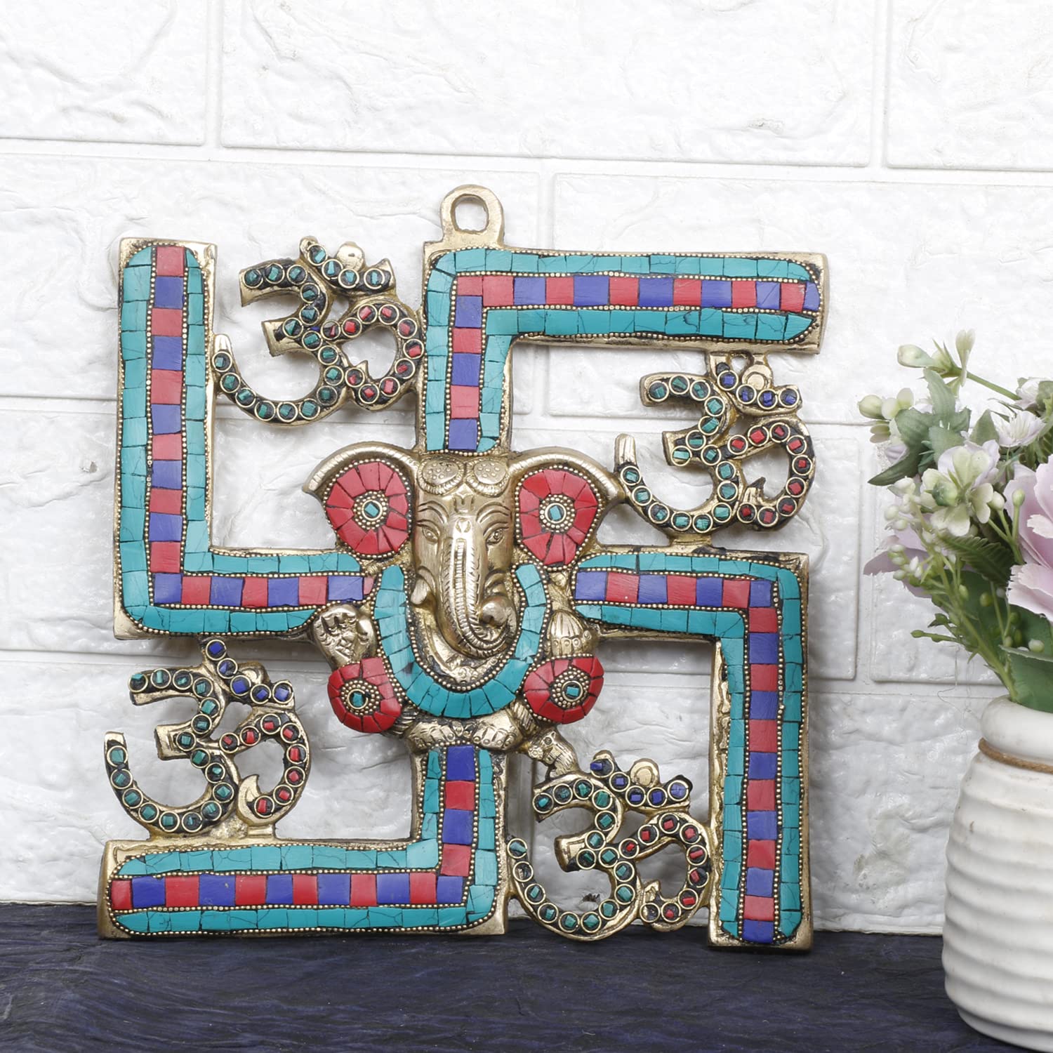 Svarup Brass Om Ganesha Swastika Wall Hanging, Brass Ganesh For Decor Entrance 8 Inch