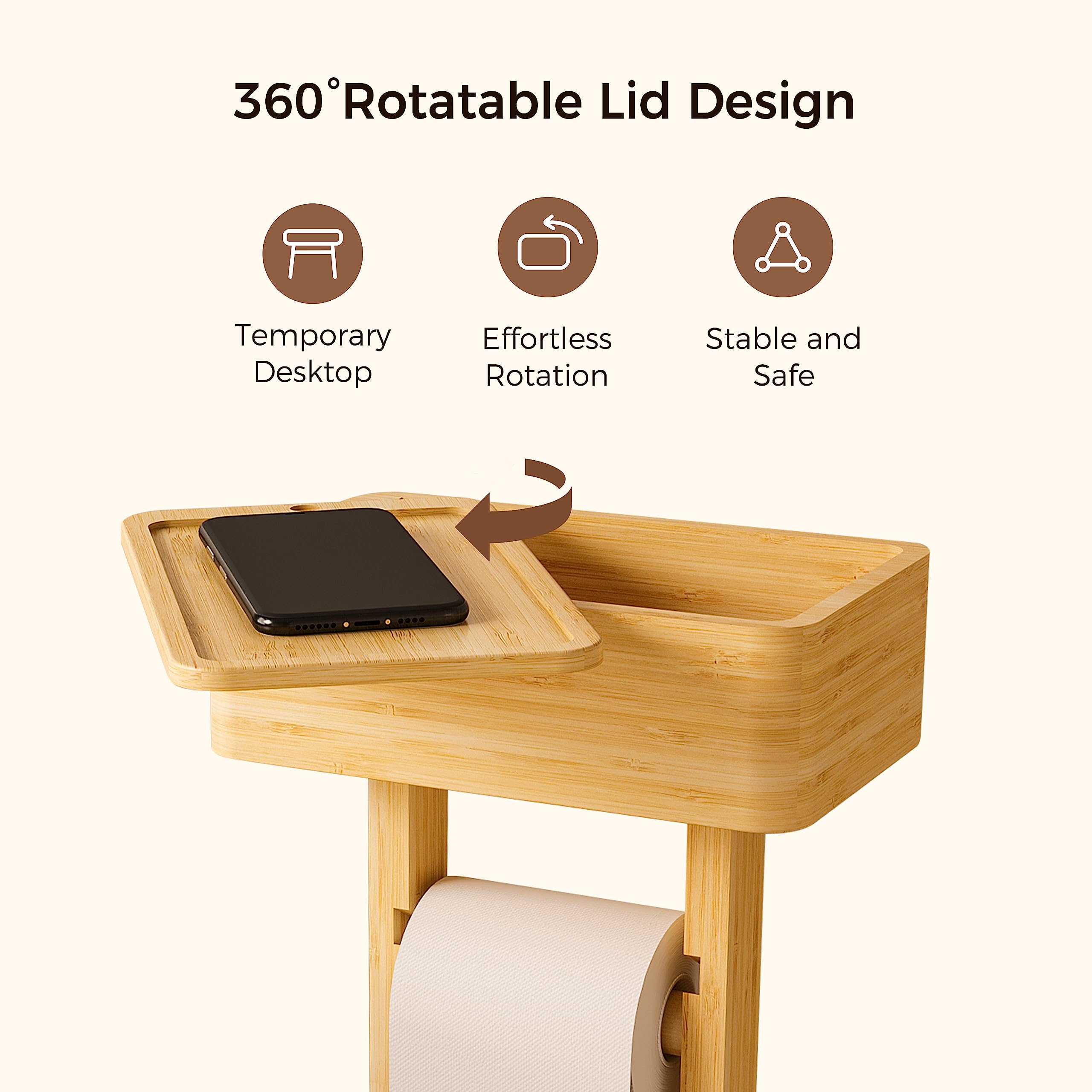 Wealone 4-In-1 Toilet Paper Holder Stand With Storage Shelf Box, 360 Rotating Bamboo Free Standing Toilet Tissue Roll, Toilet Wi