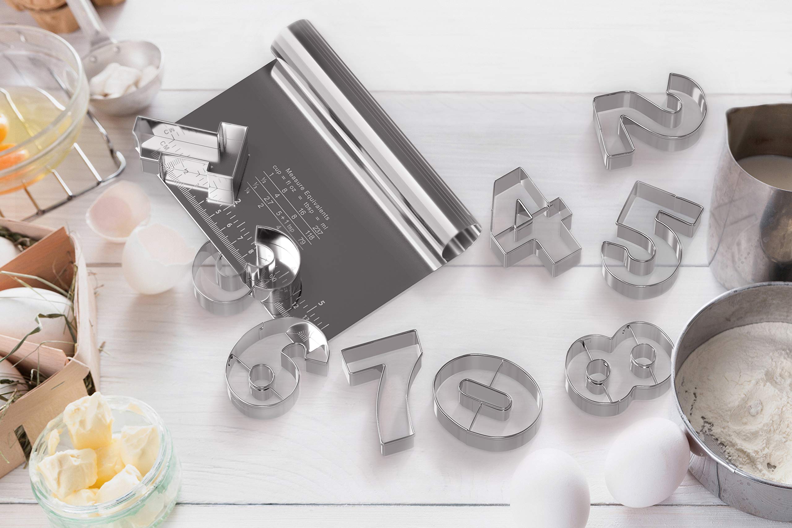 Bakerpan Stainless Steel Cookie Cutter Number Shapes Set 3 1/2 Inch With Bonus Dough Cutter
