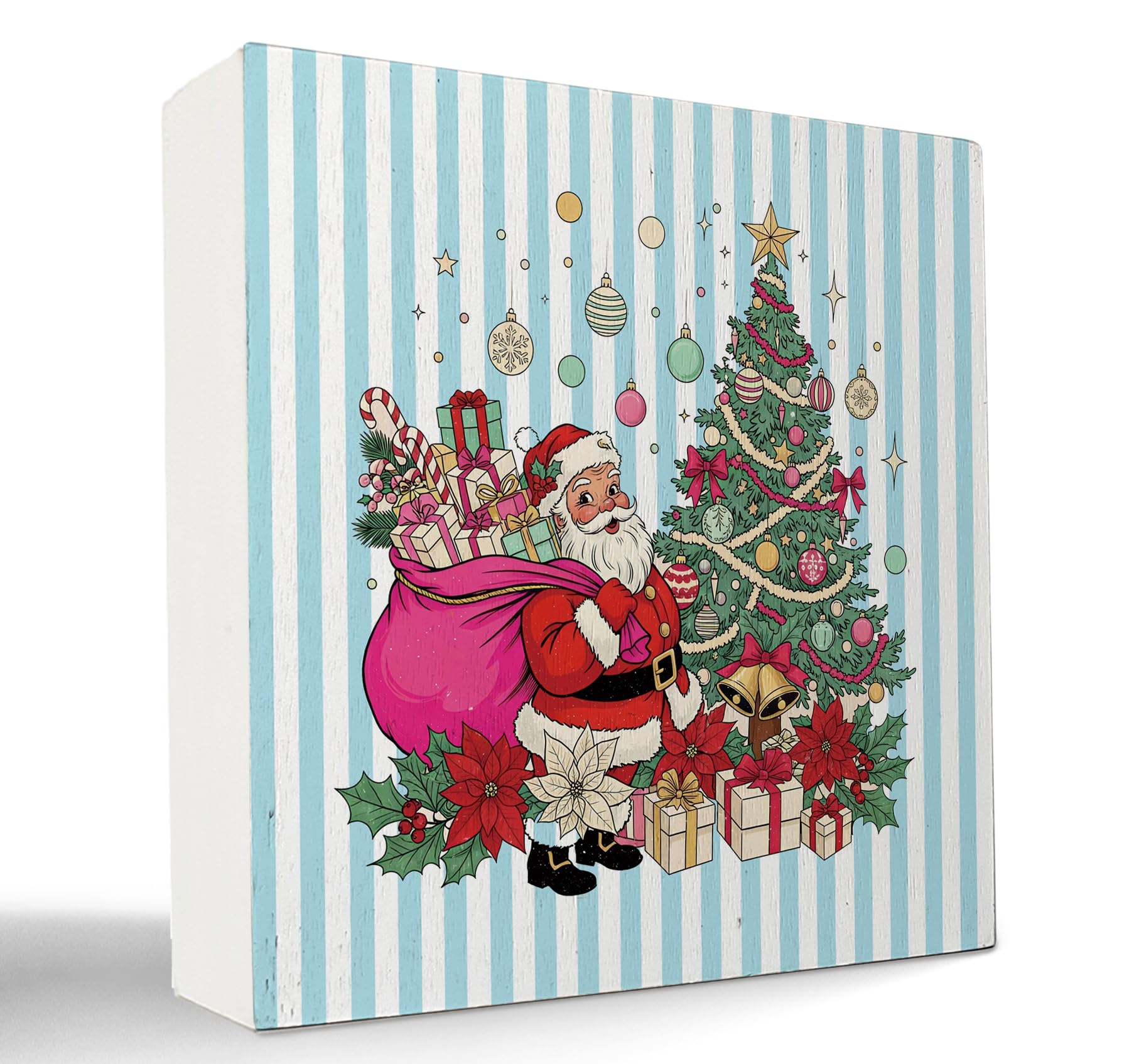 kunlisa Vintage Christmas Santa Wooden Sign, Christmas Desk Decor, Farmhouse Xmas Tree Santa Holiday Wood Box Sign for Home Offi