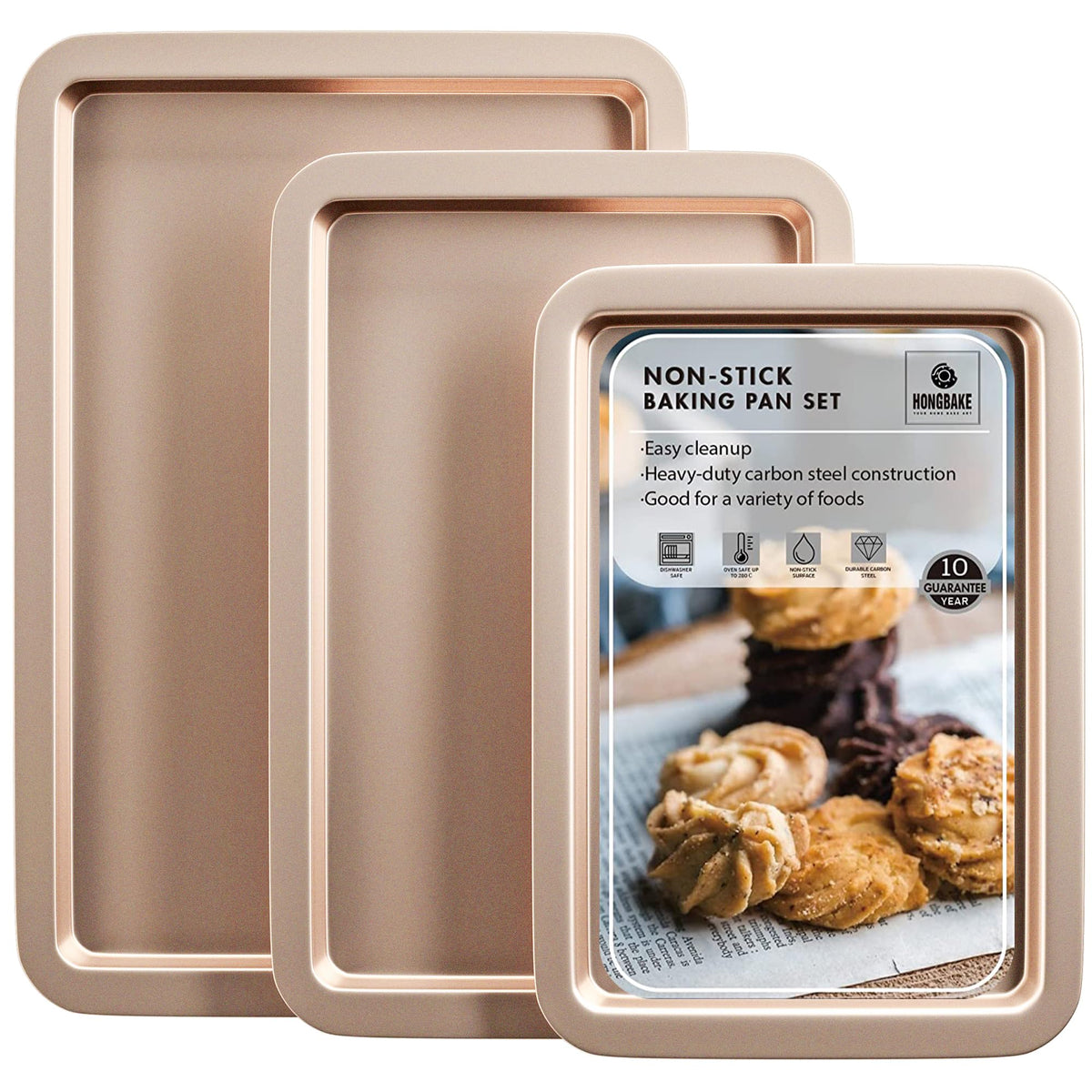 Hongbake Cookie Sheets, Baking Sheet Set, Nonstick Oven Pan With Wider Grips, 3 Pack Half/Jelly Roll/Quarter Baking Tray, Premiu