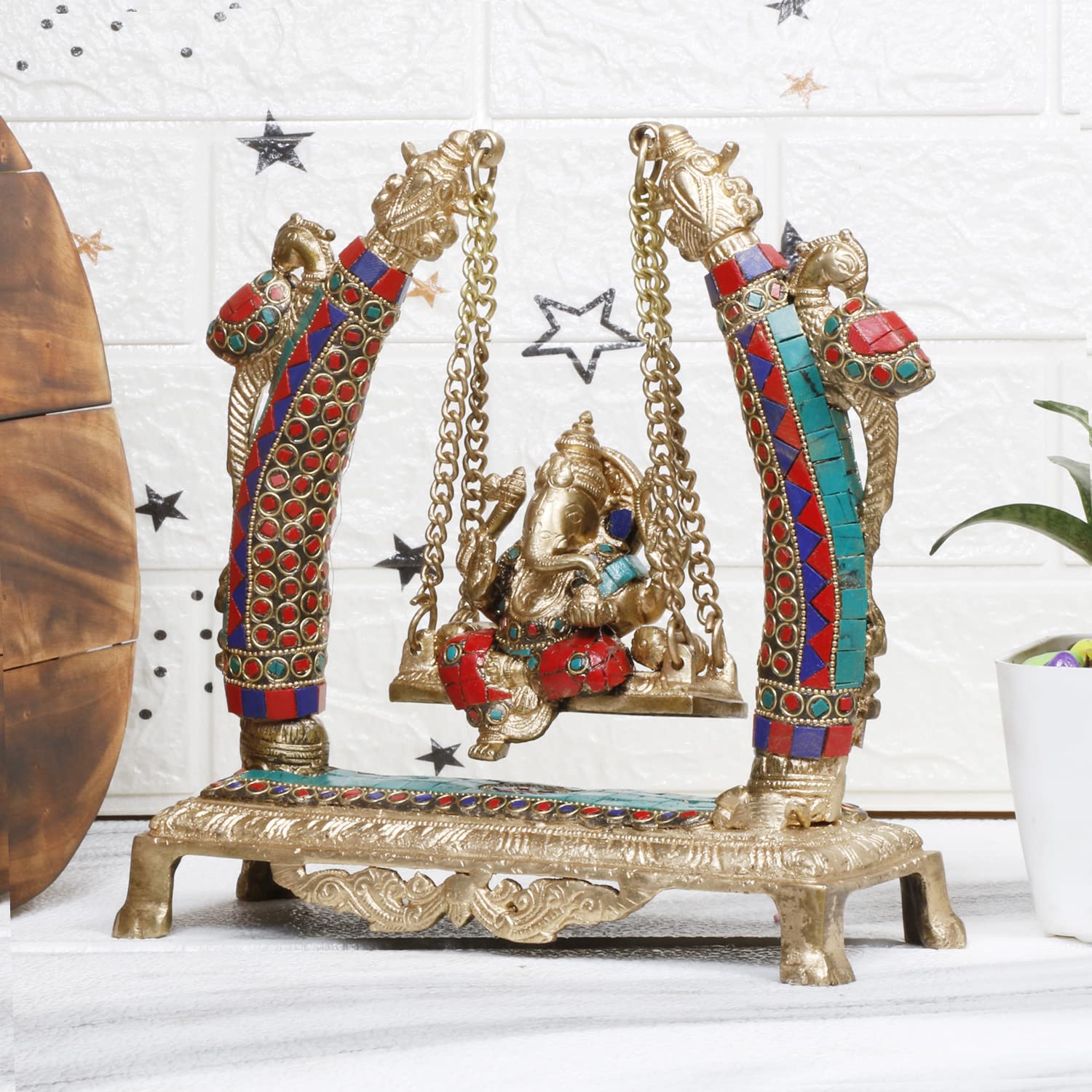 Artvarko Ganesh Jhula Swing Multicolor Stone Handwork Brass Idol Statue Ganesha Jhoola Pooja And Home Dcor Office Gifting10 Inch