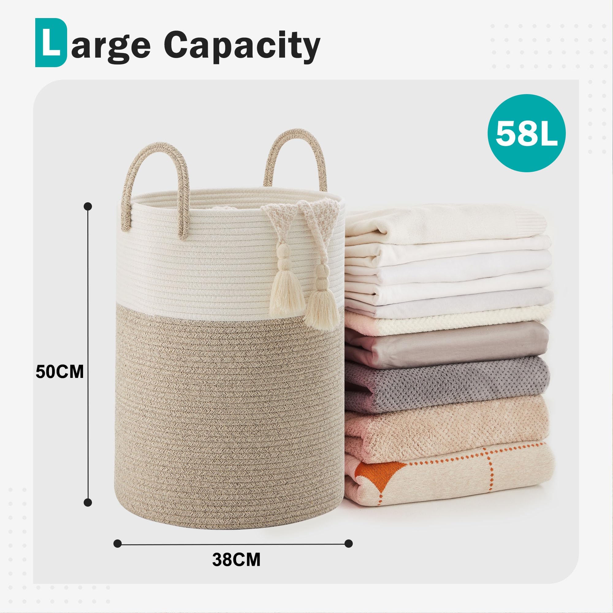 cotton Rope Laundry Hamper by YOUDENOVA  58L - Woven collapsible clothes Storage Basket for Blankets  Laundry Room Organizing  Bedroom  Brown & White