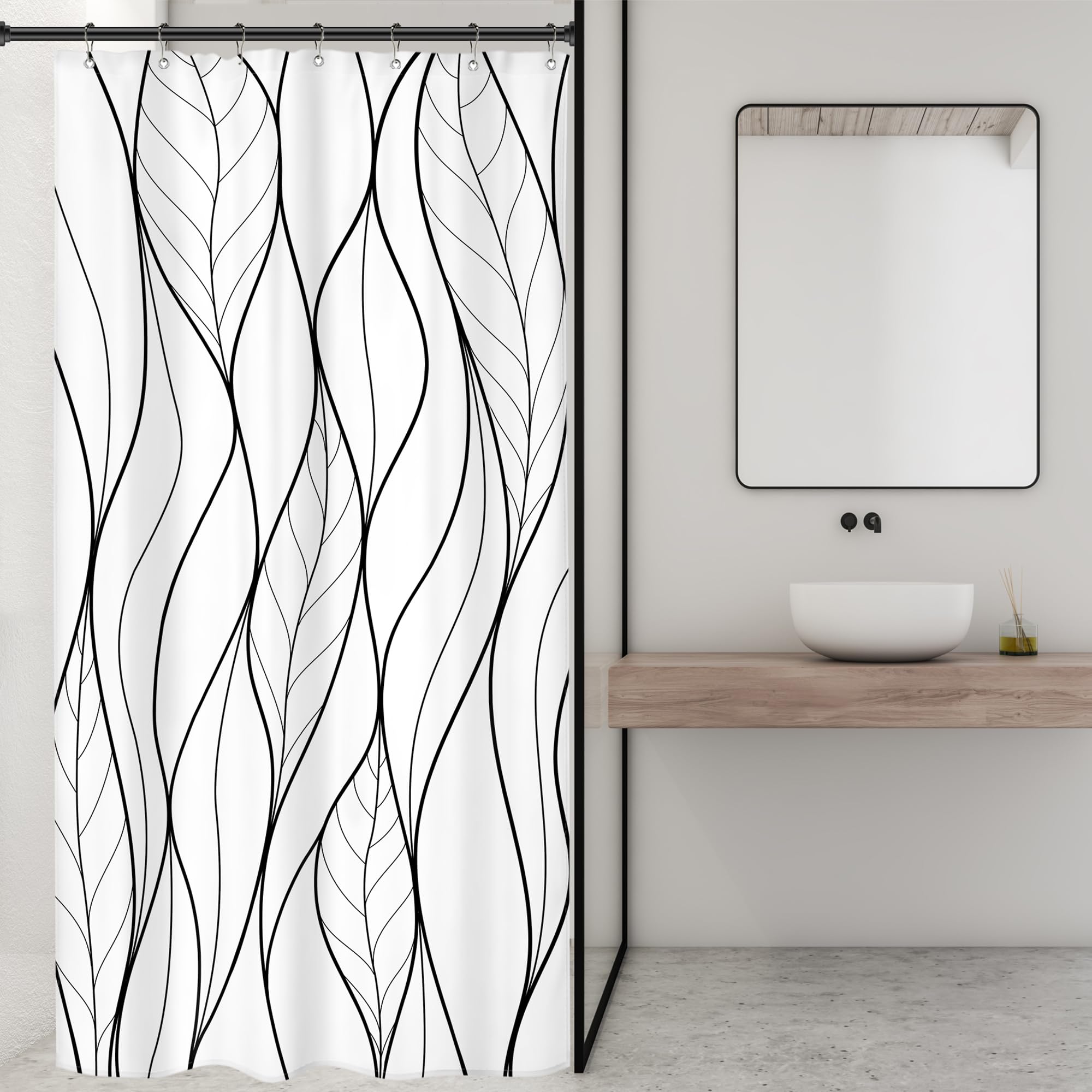 Riyidecor Small Stall Rv Black White Leaves Shower Curtain Half Single Boho Abstract Striped Leaf Geometric Modern Simple Cool 3