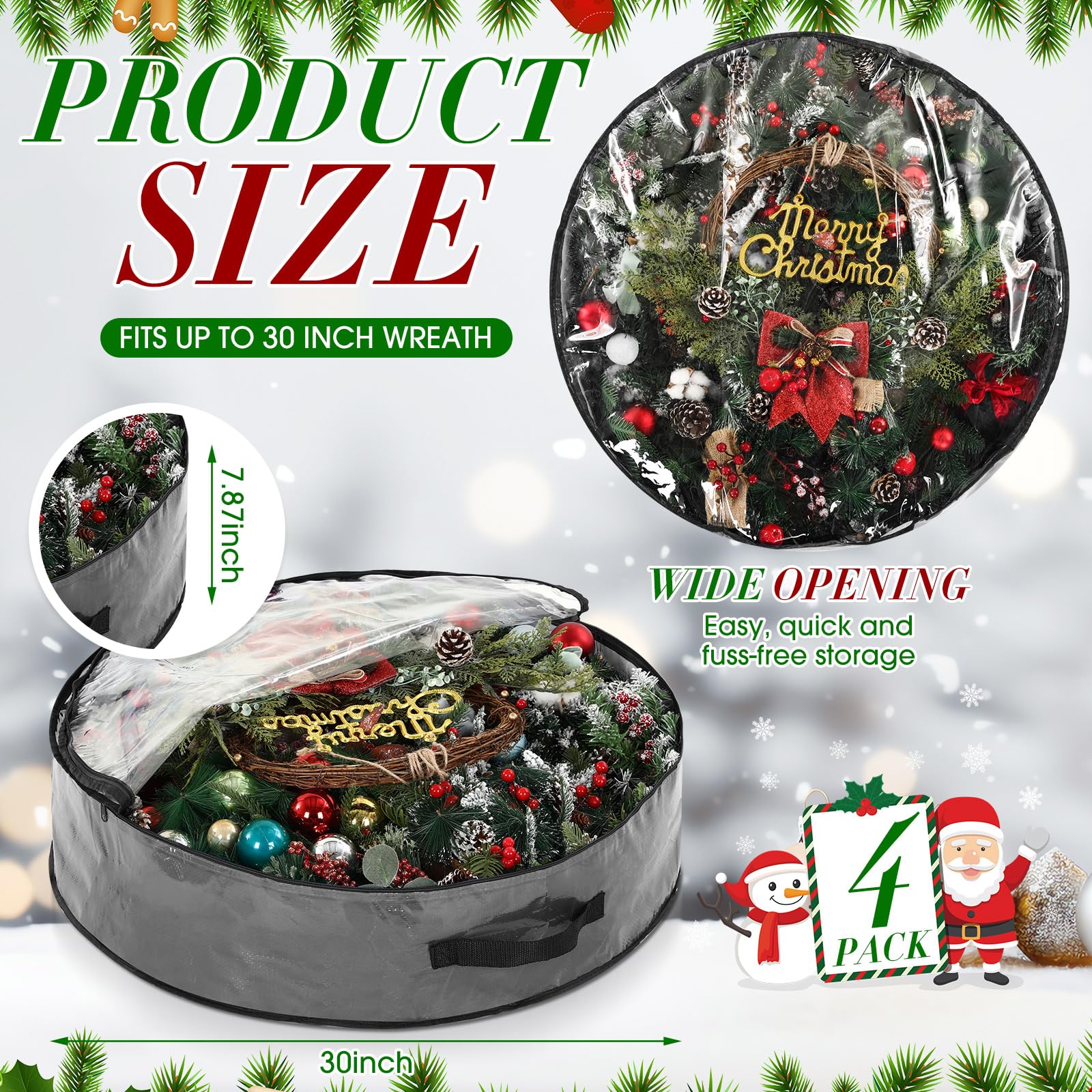 Aliceset 4 Pack Wreath Storage Containers, Christmas Garland Storage Bags With Window And Handles, Durable Christmas Decoration