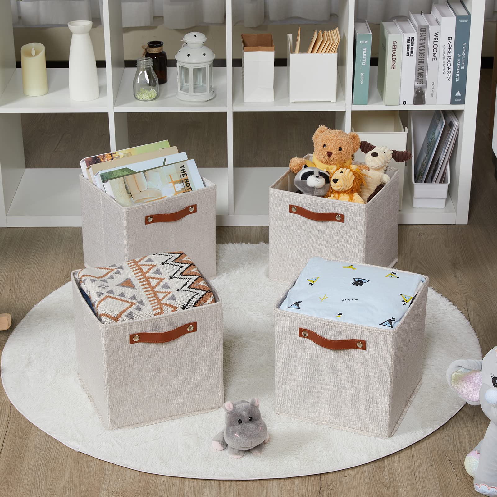 HNZIGE Foldable Storage Cubes Bins for Organizing  Set of 4  Fabric Cube Canvas Storage Bins 11 x11  Collapsible Bins for Organization with Handles for Shelf Nursery(Beige)