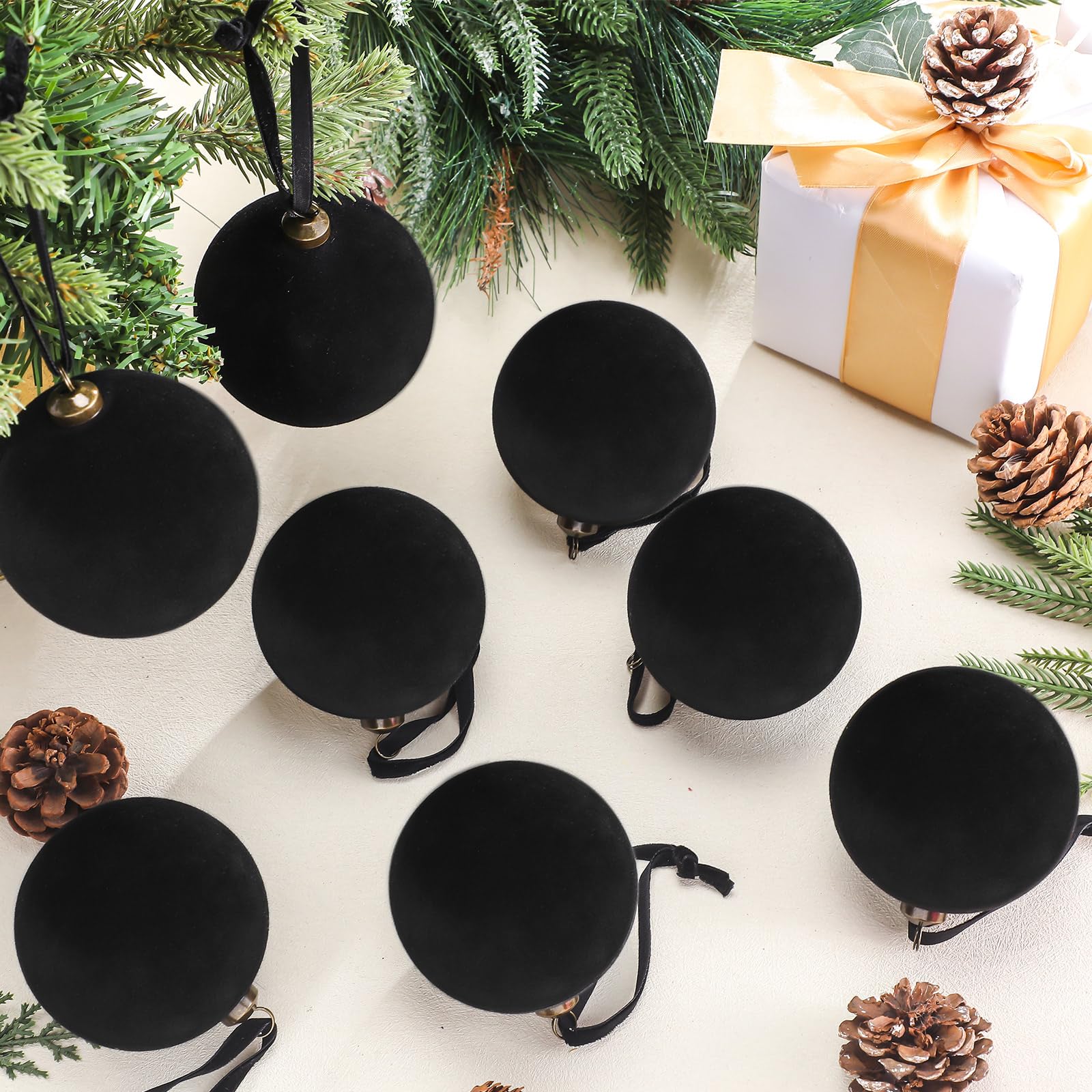 Arrowbash 32 Pcs Black Velvet Christmas Balls Bulk - 3.15 Inch Flocked Christmas Tree Ball Ornaments Xmas Shatterproof Hanging O