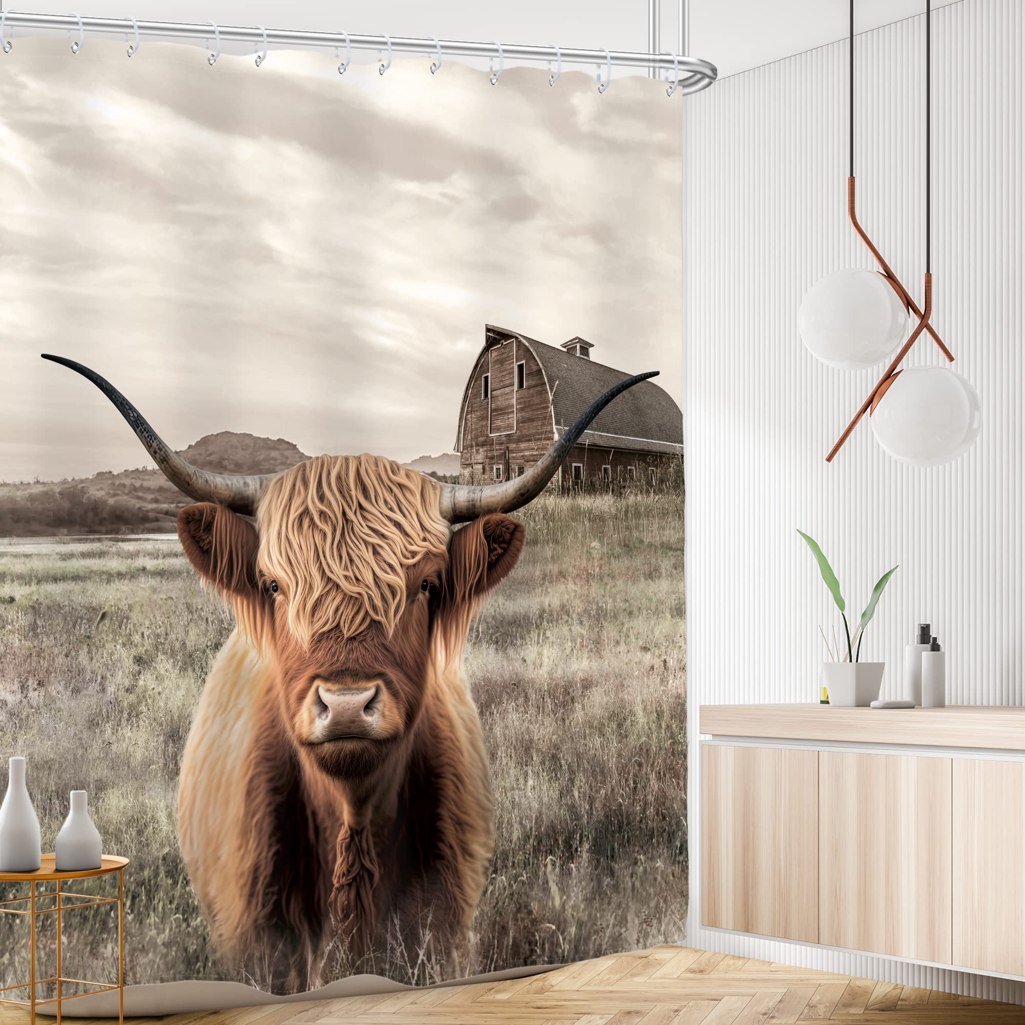 AMBZEK Highland Cow Farmhouse Shower Curtain 60Wx72L Inch Rustic Bull Western Farm Animal Country Longhorn Texas Artwork Cloth Fabric Waterproof Polyester Bathroom Decor Set with 12 Pack Hooks