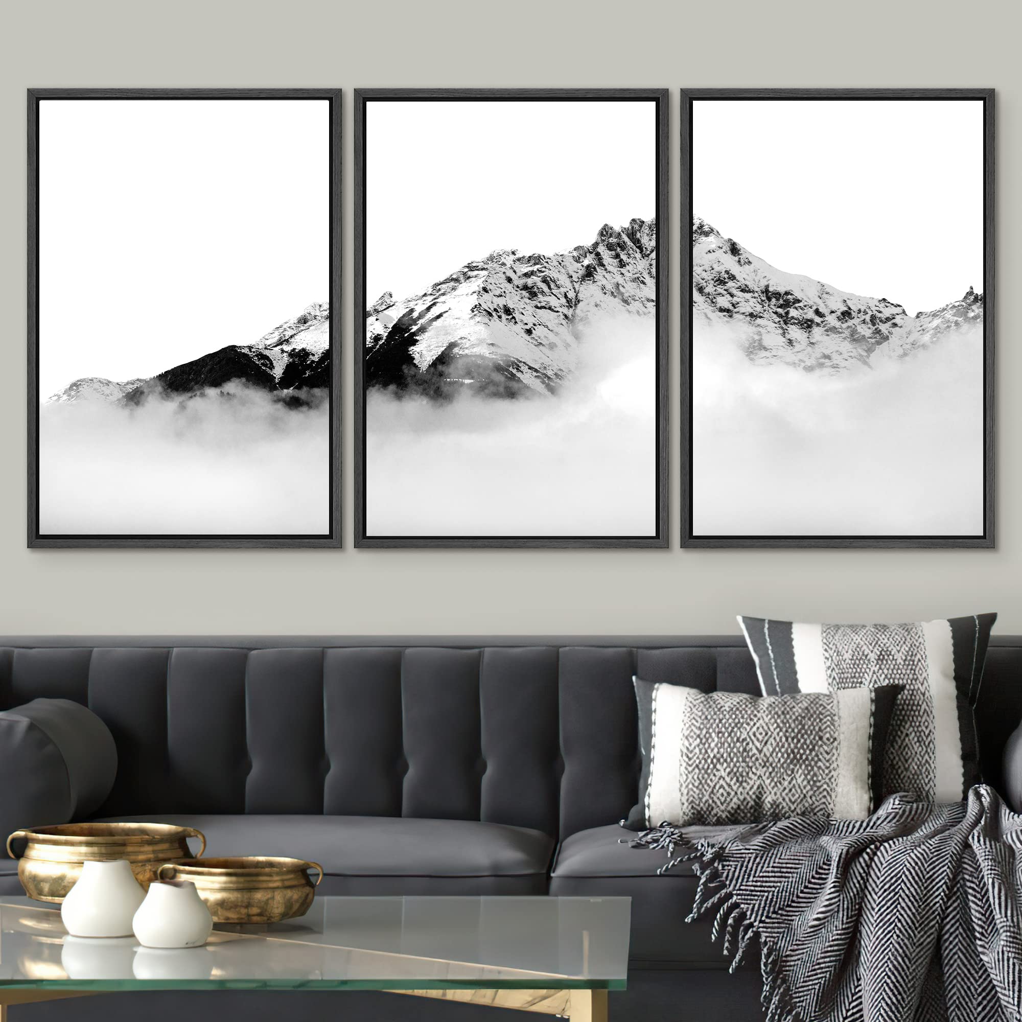 Signwin Framed Canvas Print Wall Art Set Black & White Misty Winter Mountain Snow Collage Nature Wilderness Photography Modern A