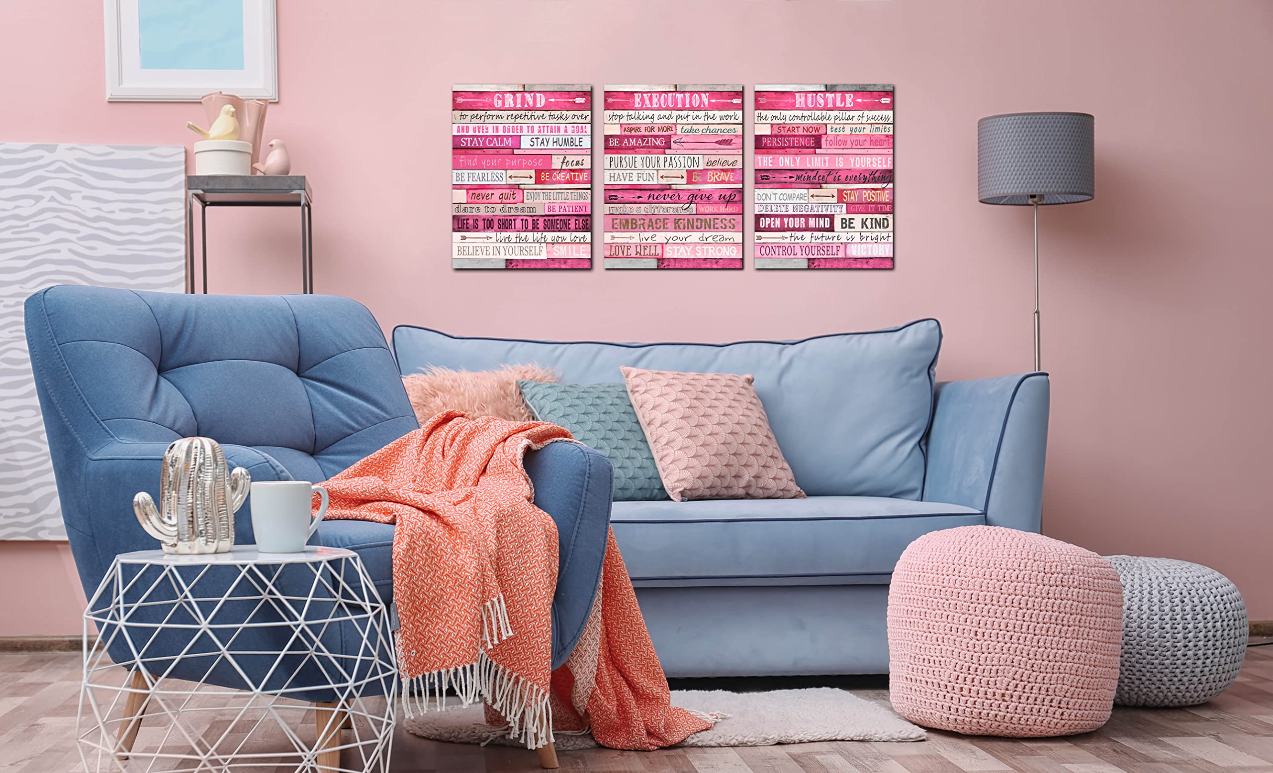 THRLVEART Pink Canvas Wall-Art - Room Decor For Teen Girls - Motivational Posters Ready To Hang Size 16'' x 12'' x 3 Pieces