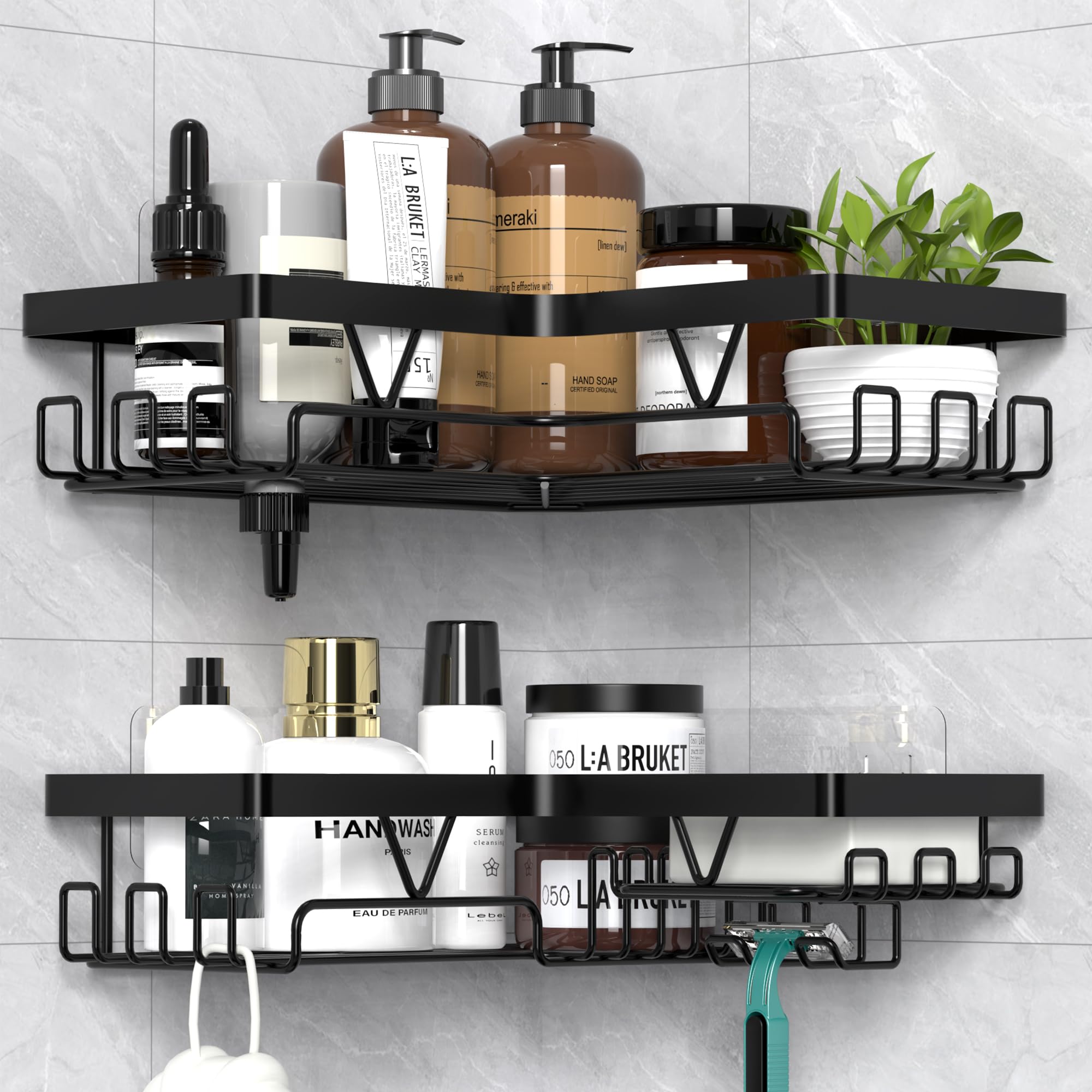 Kegii Corner Shower Caddy Shelf, Adhesive Shower Organizer With Hooks, Shower Shelves For Inside Bathroom, Black Shower Caddy No