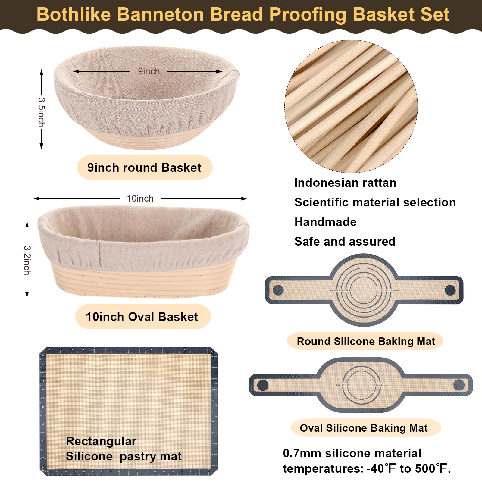 Banneton Bread Proofing Basket Set, 10 In Oval And 9 In Round Proofing Basket, Set Of 10, Sourdough Bread Baking Supplies, Silic