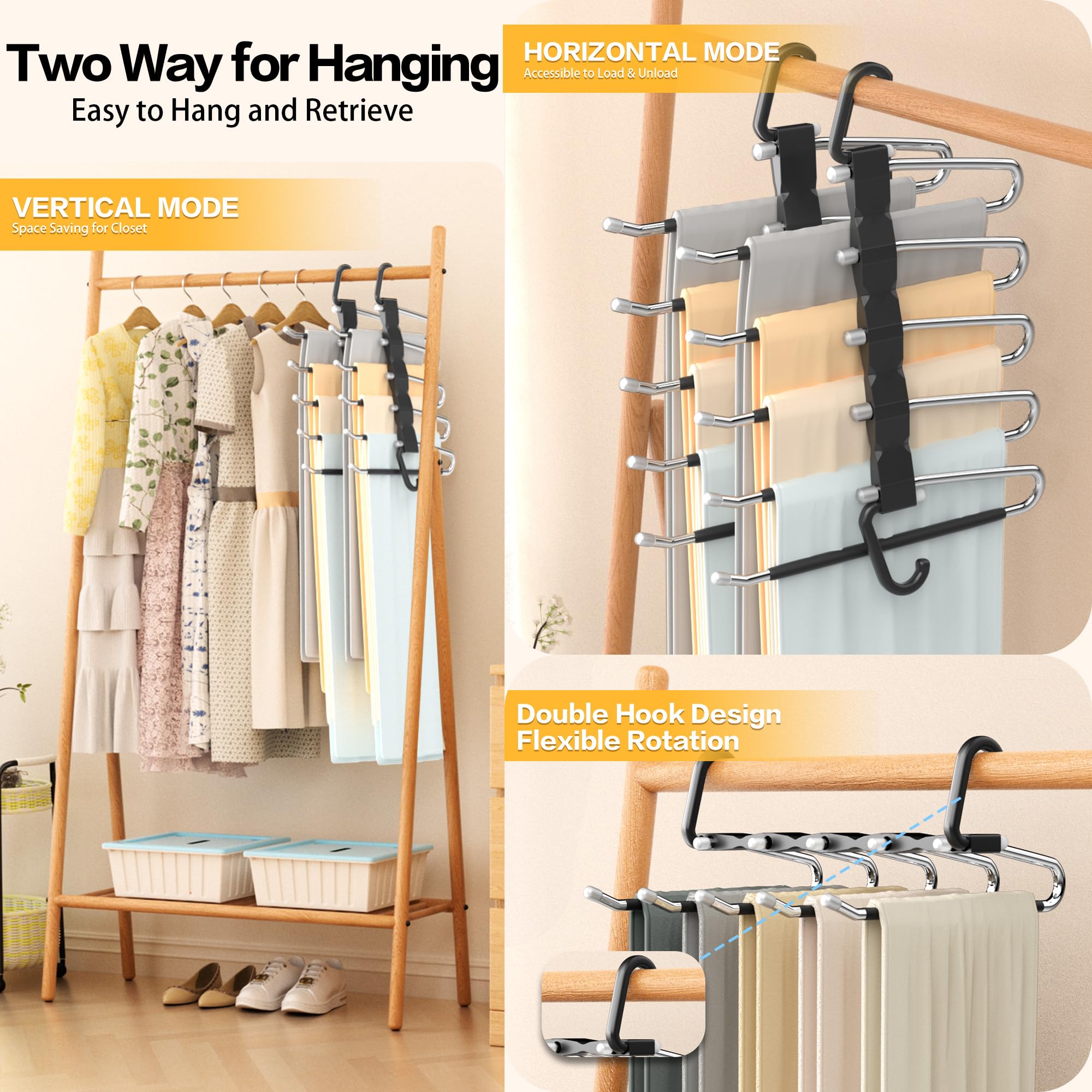 Pants Hangers Space Saving - 2 Pack Closet Organizer And Storage Jean Hangers, Stainless Steel Anti-Slip Clothes Hanger Scarf Ho