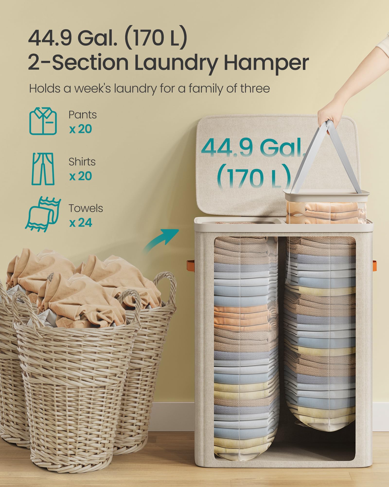 Songmics Laundry Basket, 44.9 Gal. Laundry Hamper, 2 Compartments, Easy Assembly, With Lid And Handles, Removable Liners, 22 X 1