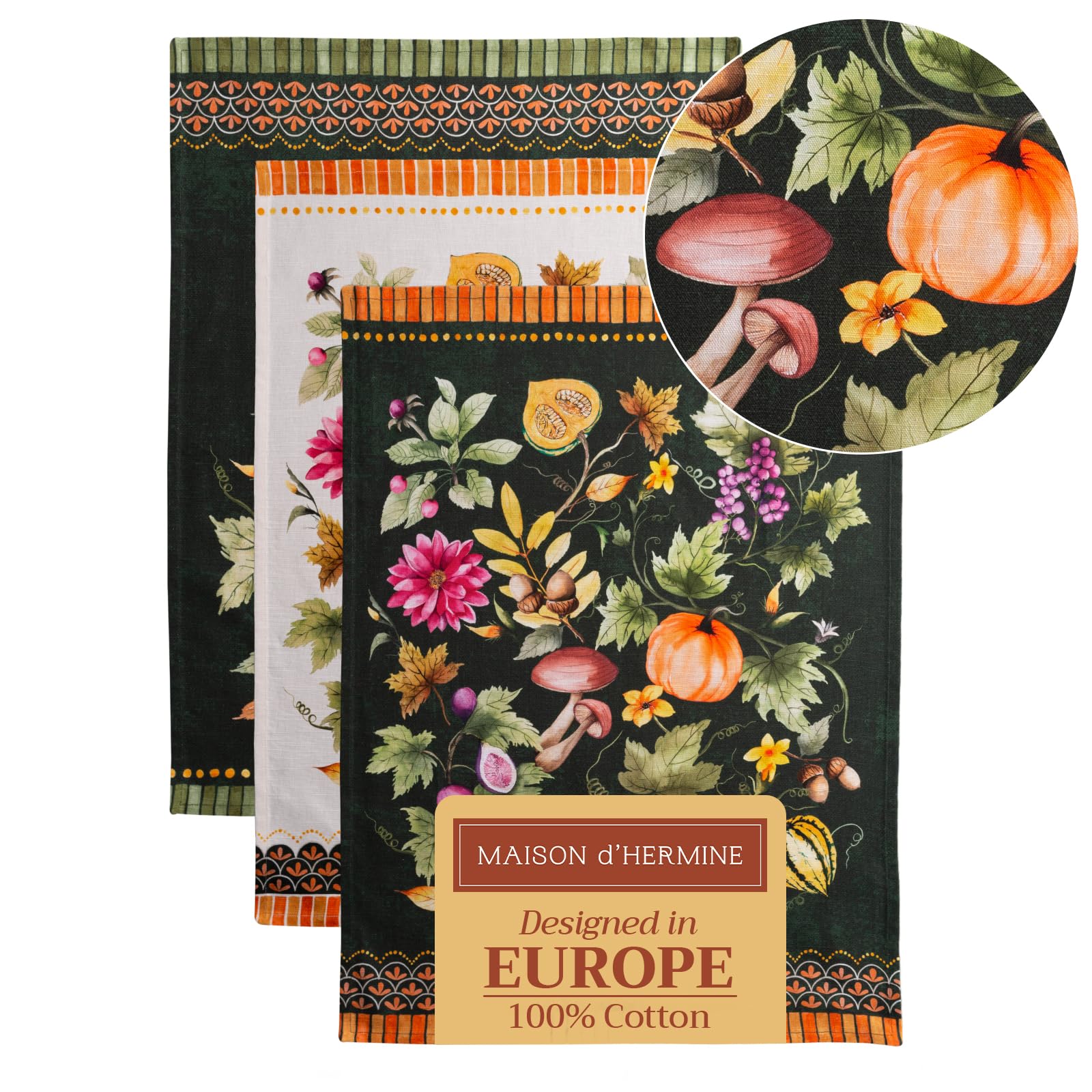 Maison D' Hermine Dishcloth Set Of 3, 100% Cotton Kitchen Towel For Gifts, Kitchen, Party, Wedding, Restaurant & Camping, Pumpki