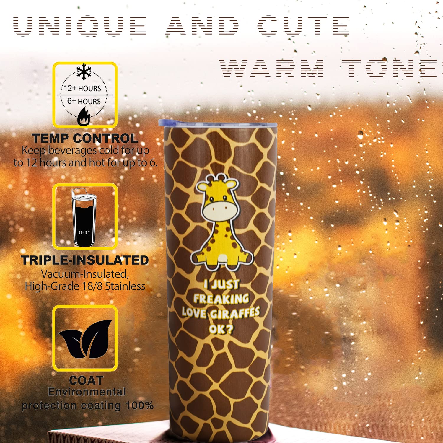 Giraffe Tumbler With Lid And Straw, Unique Giraffe Gifts For Women, Men Girls, Cute Giraffe Skinny Tumbler Cup Water Bottle Coff