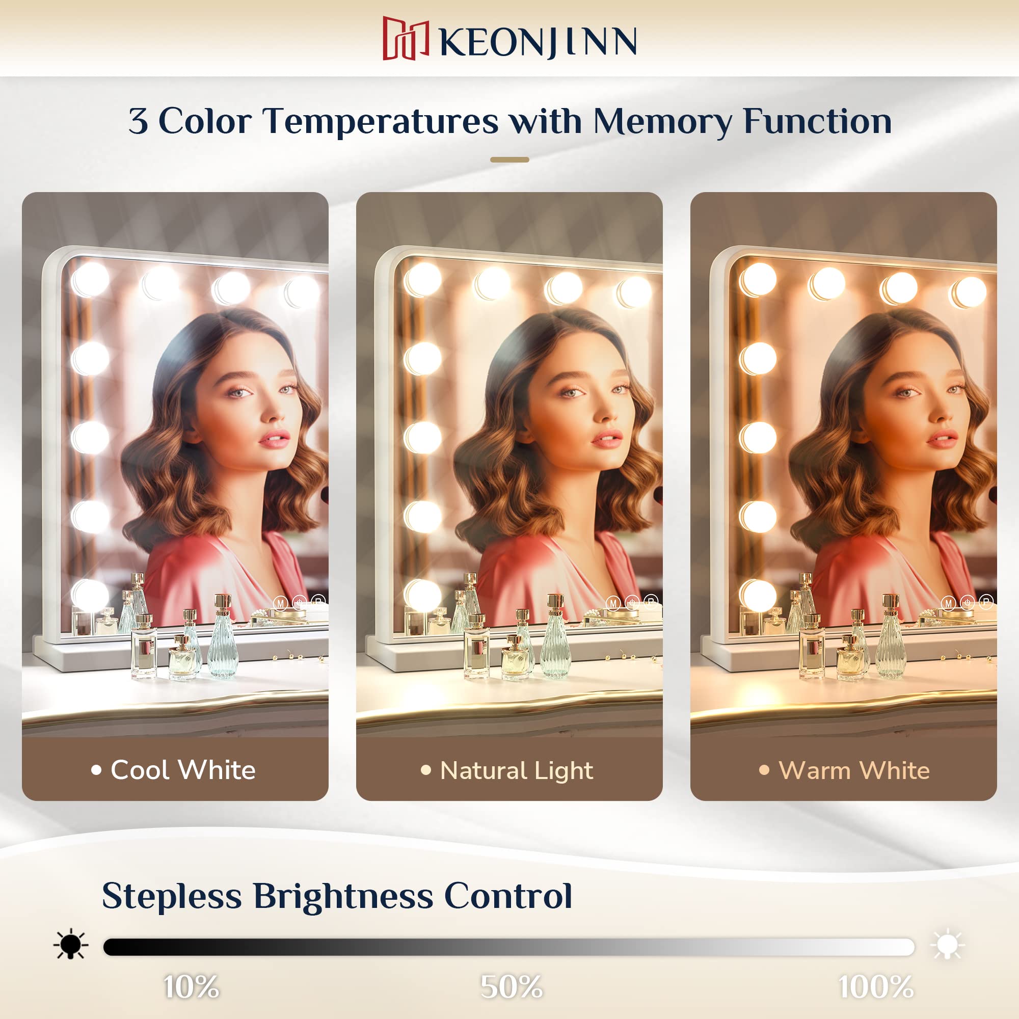Keonjinn Large Vanity Mirror with Lights  15 Replaceable Bulbs Hollywood Makeup Mirror with 2 Replacement Bulbs  3-Color Lights  Aluminum Metal Frame  USB Charging Port  23'' x 18'' White Lighted Mirror