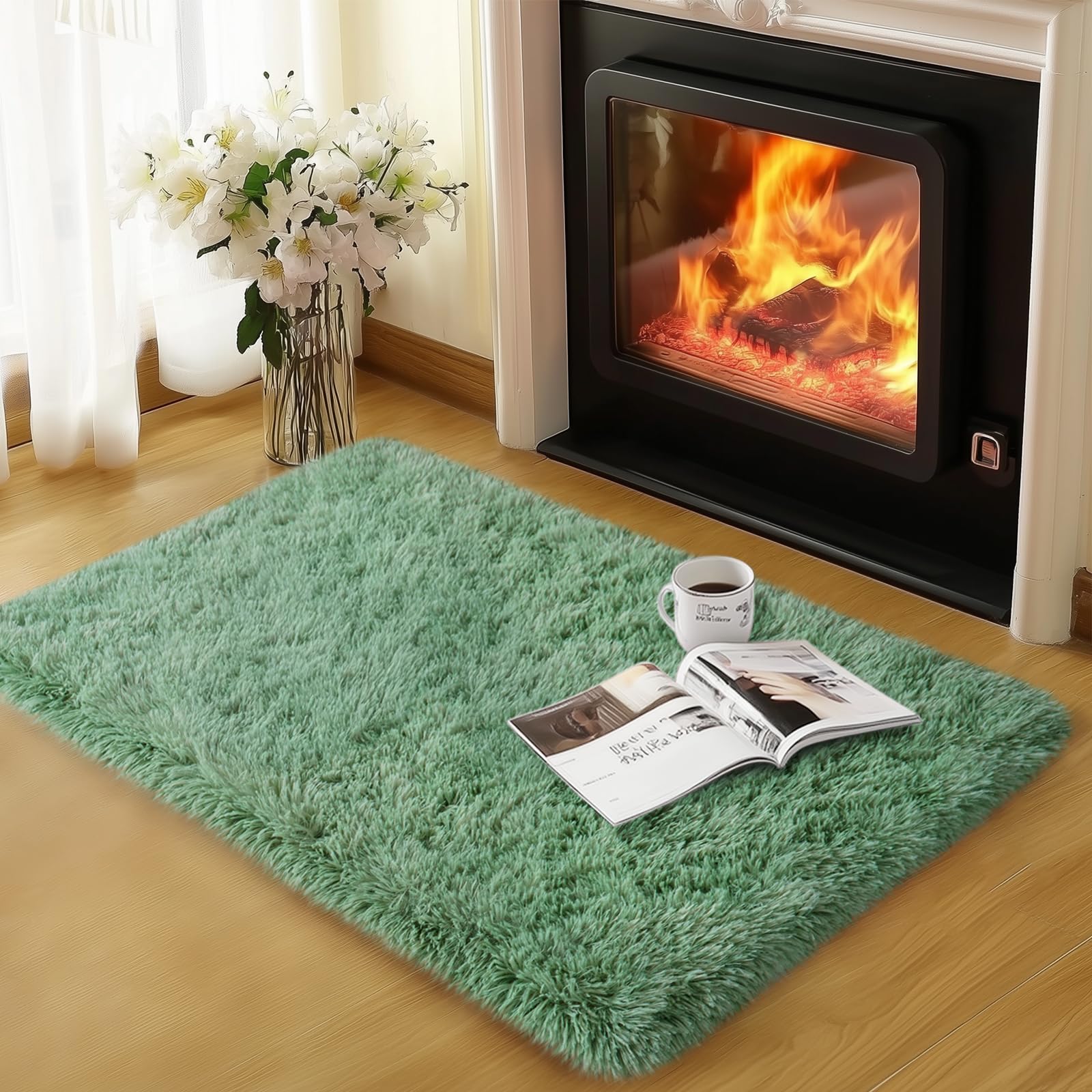qulint Sage Green Rug for Bedroom, 2x3 Fluffy Area Rugs for Living Room Shag Fuzzy Small Carpet, Soft Shaggy Alfombras for Besid
