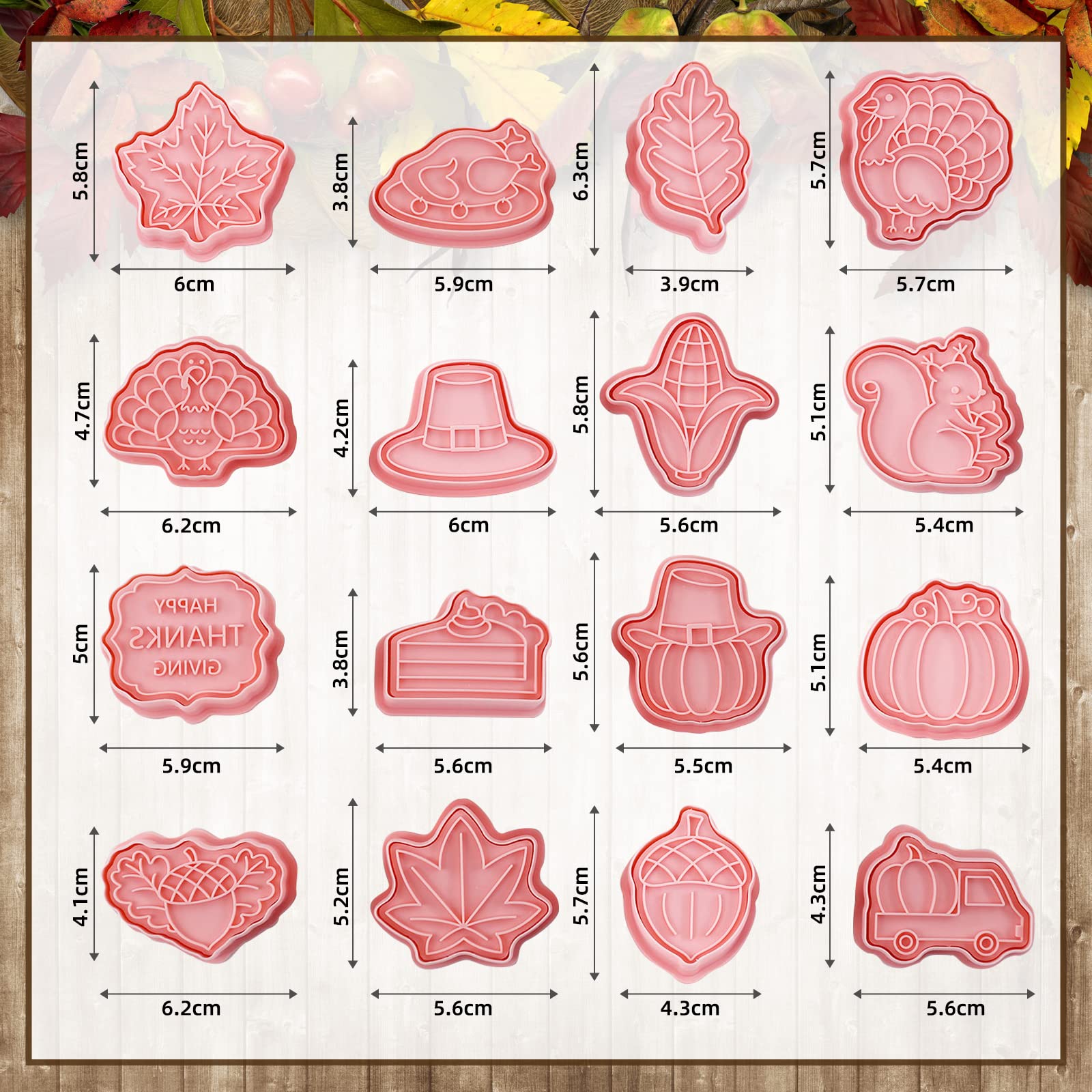 16 Pieces Fall Thanksgiving Cookie Cutters with Plunger Stamps Set Fall Biscuit Mold Maple Leaf Turkey Pumpkin 3D Cookie Stamper
