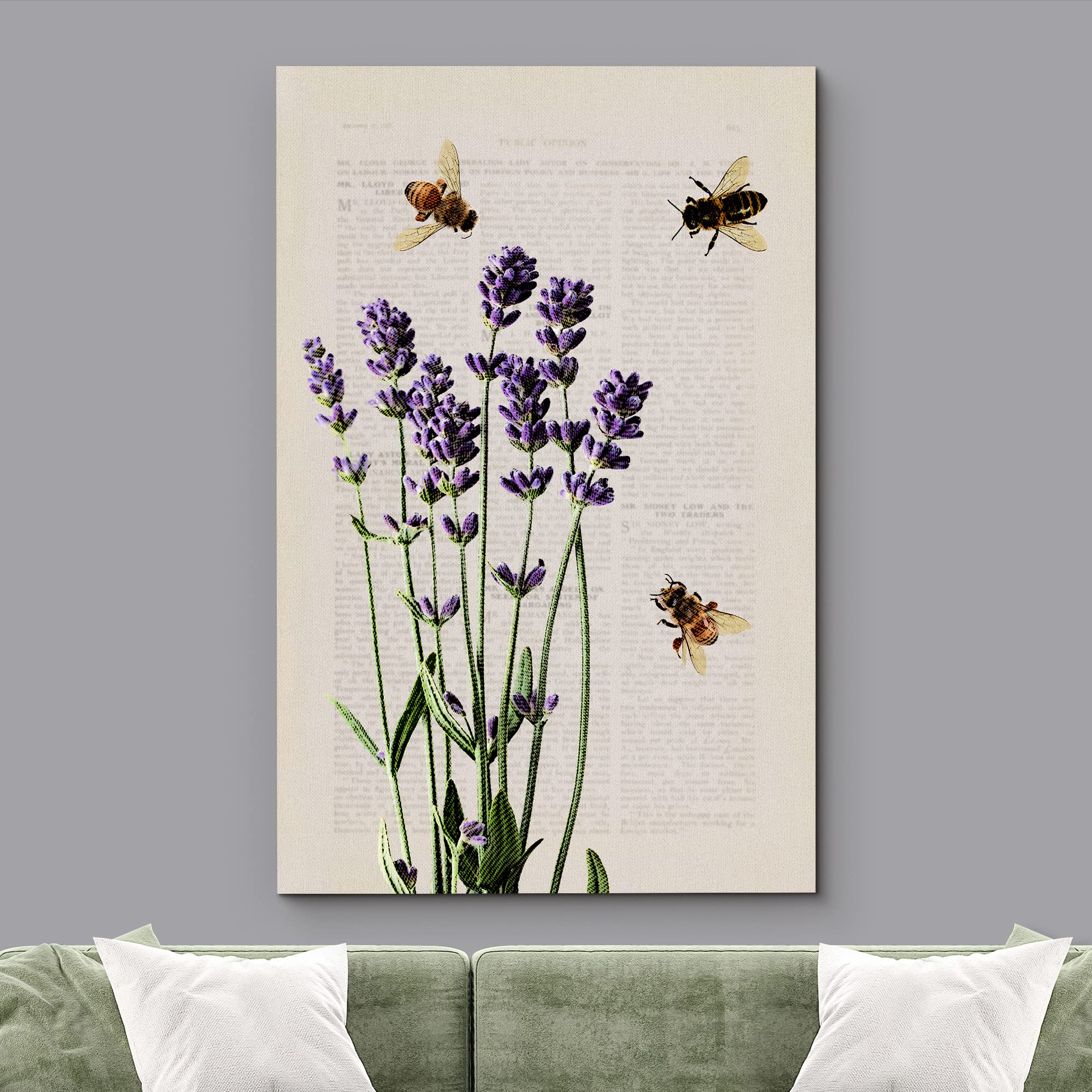 Wall26 Canvas Print Wall Art Lavender Flowers With Bees And Newspaper Print Floral Botanical Digital Art Modern Chic Scenic Colo