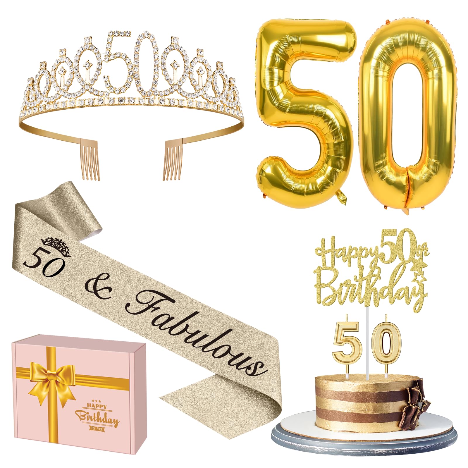 50Th Birthday Decorations For Women Gold With 50Th Birthday Sash And Tiara, 50Th Birthday Cake Topper And 50 Candles, Big Gold 5