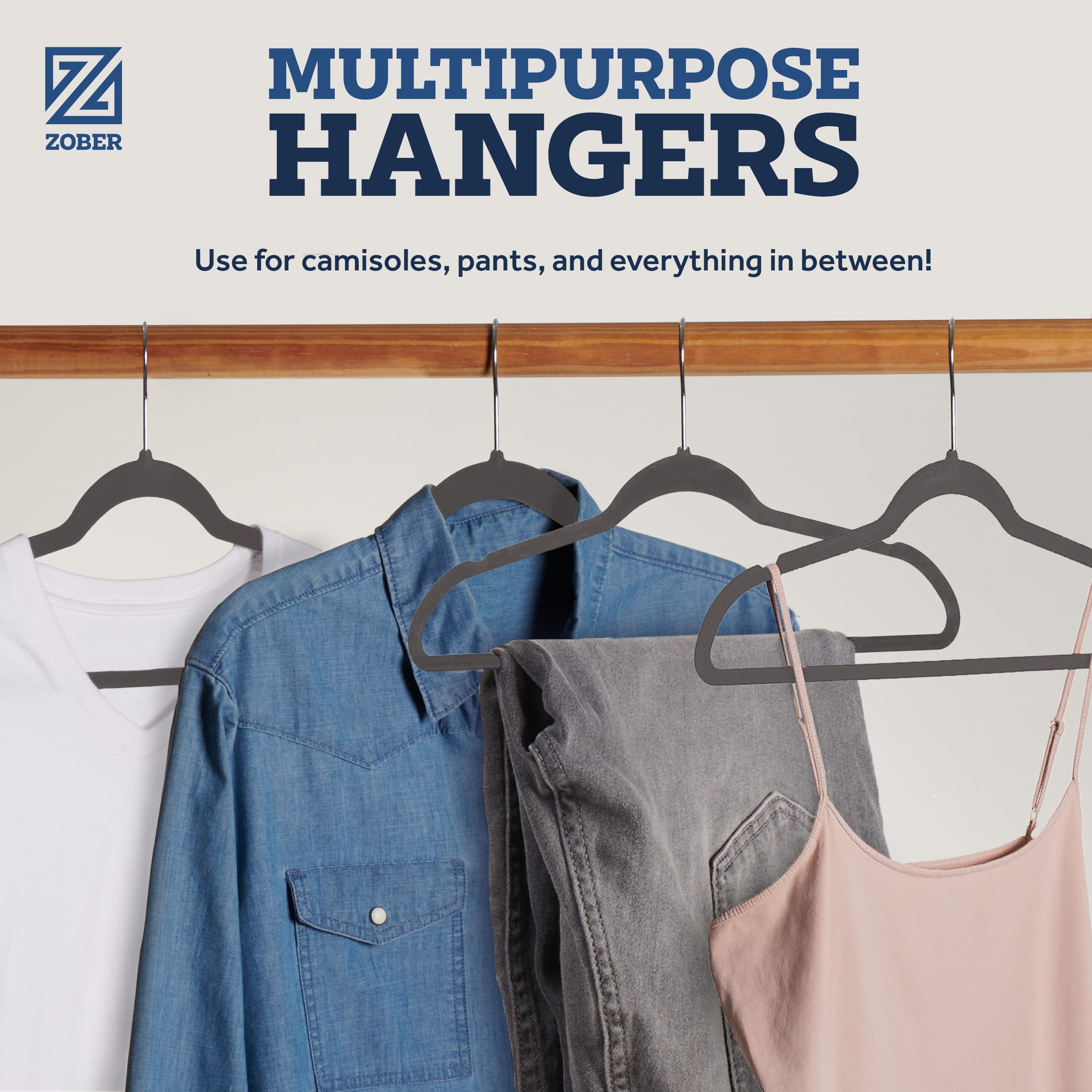 Zober Velvet Hangers 50 Pack - Heavy Duty gray Hangers for coats  Pants & Dress clothes - Non Slip clothes Hanger Set - Space Saving Felt Hangers for clothing