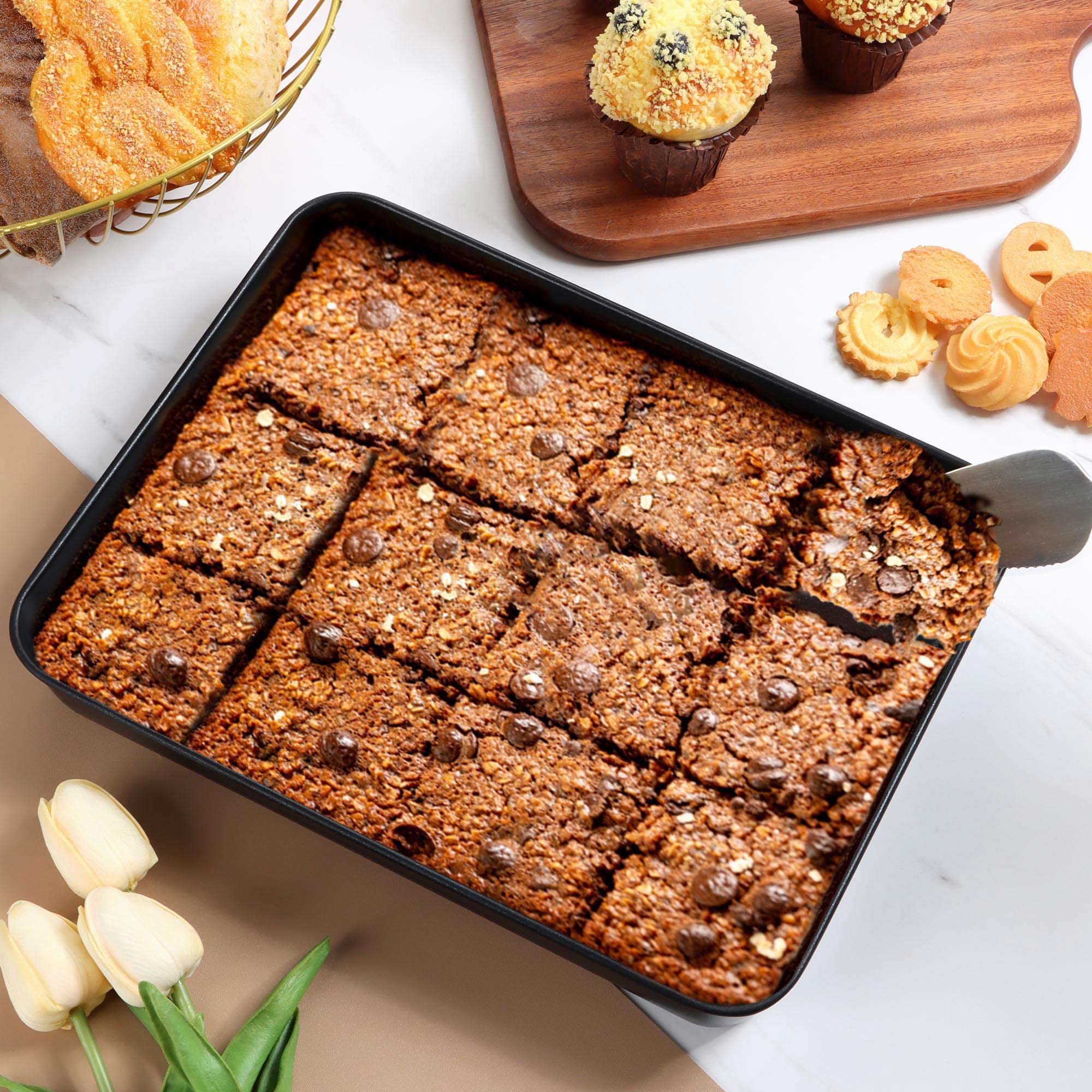 Lianyu Baking Pan With Lid, 12? X 9 X 2 Inch Stainless Steel Square Rectangle Cake Pan, Black Nonstick Roasting Lasagna Pan For