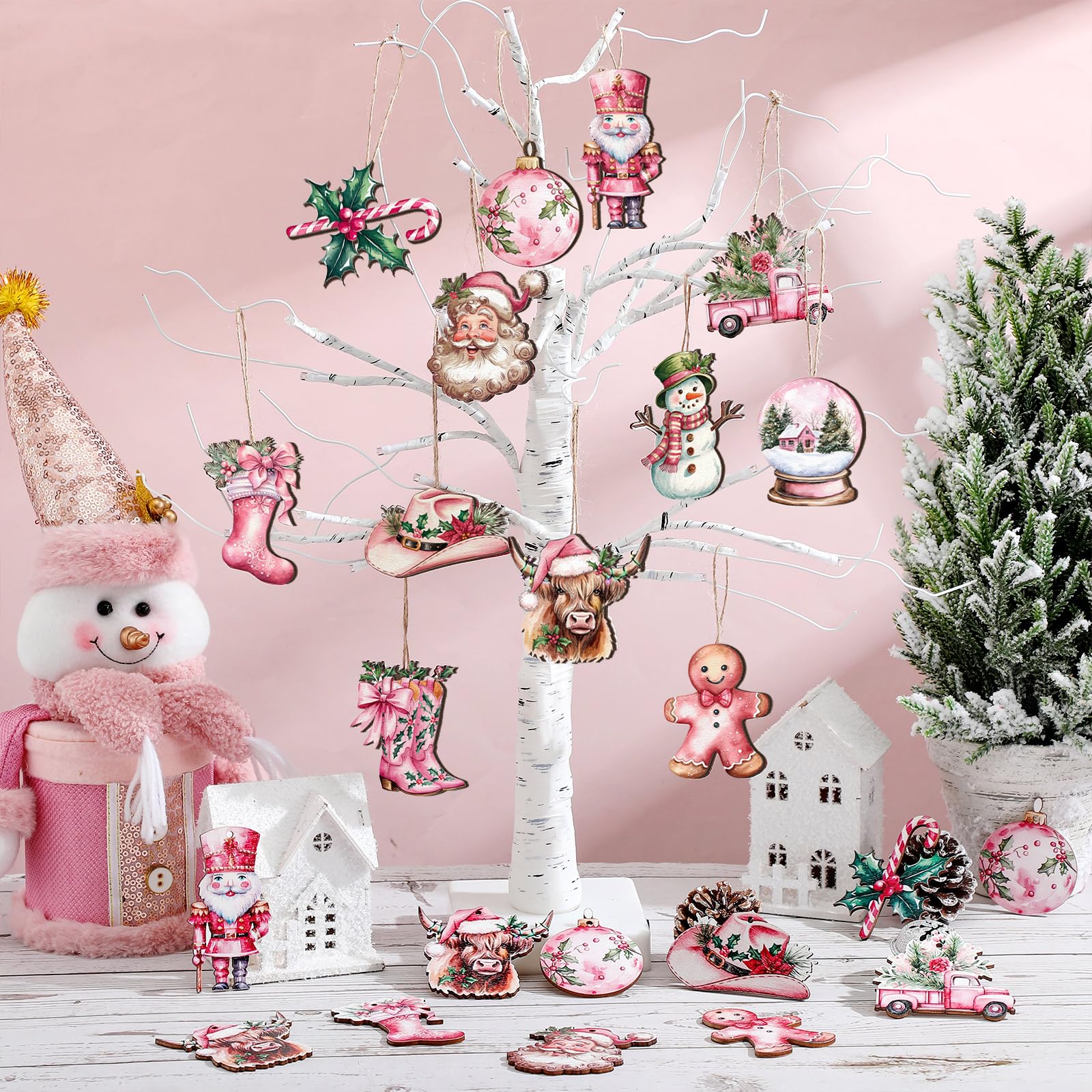 Huwena 36 Pcs Pink Christmas Ornaments Wooden Western Christmas Decorations for Tree Nutcracker Gingerbread Man Cowgirl Boots Ha