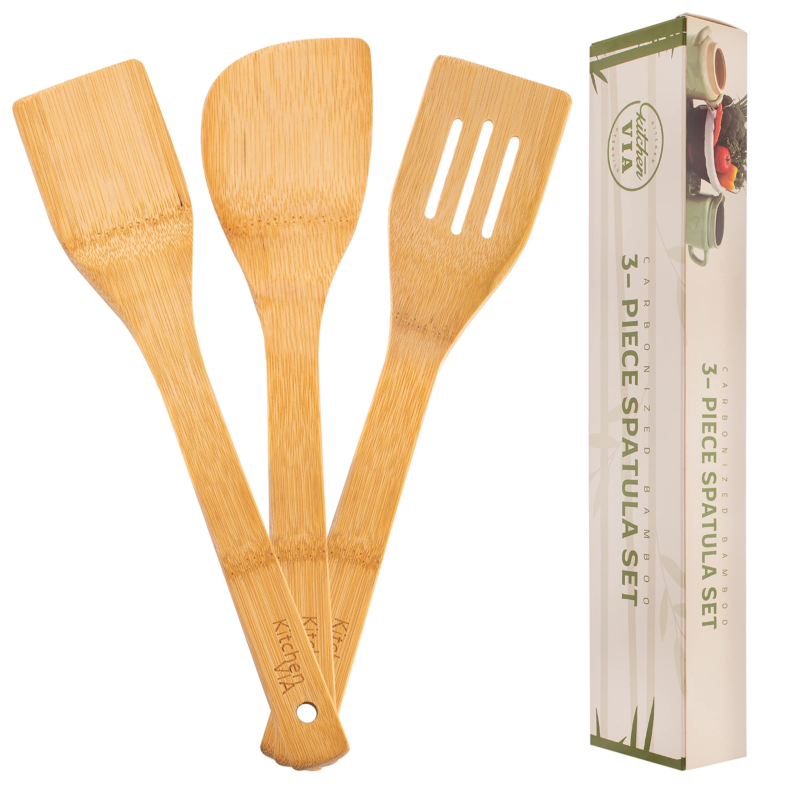 Kitchenvia Carbonized Bamboo Spatula Set - 3 Piece Bundle Of Sustainable, Natural, And Stylish Cooking And Serving Utensils