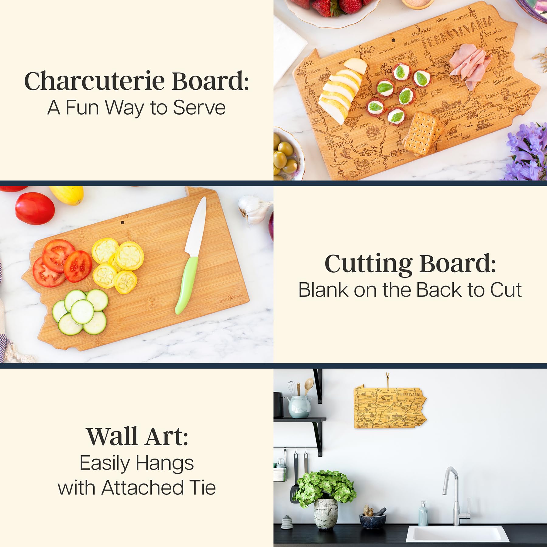 Totally Bamboo Destination Pennsylvania State Shaped Cutting Board, Charcuterie and Cheese Serving Board - Pennsylvania Gift for