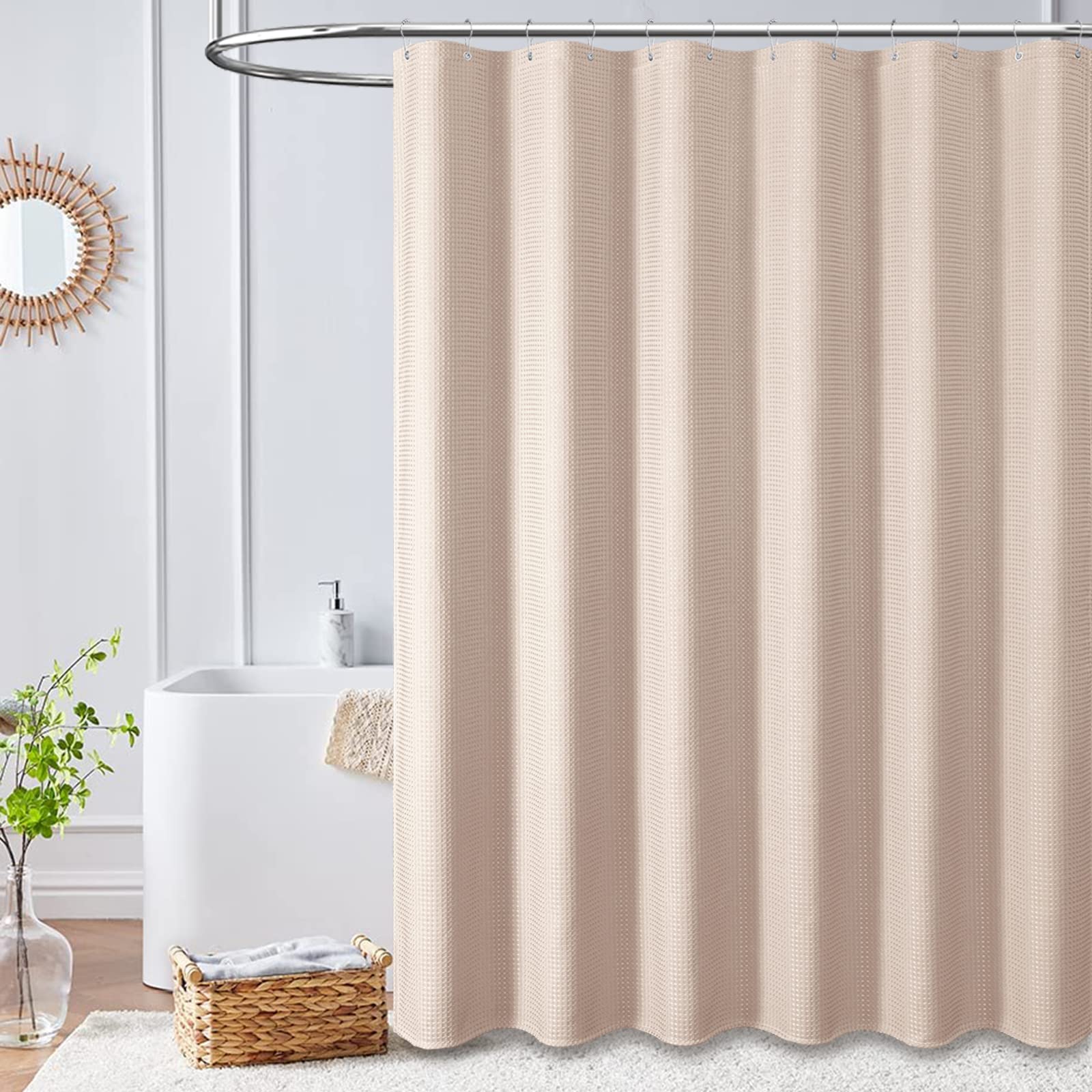 Dynamene Extra Long Shower Curtain - 96 Inch Long Waffle Weave Weighted Thick Cloth Bathroom Shower Curtain  Neutral Heavy Duty Hotel Bath Curtain Set with 12 Plastic Hooks 72x96  Blush Pink