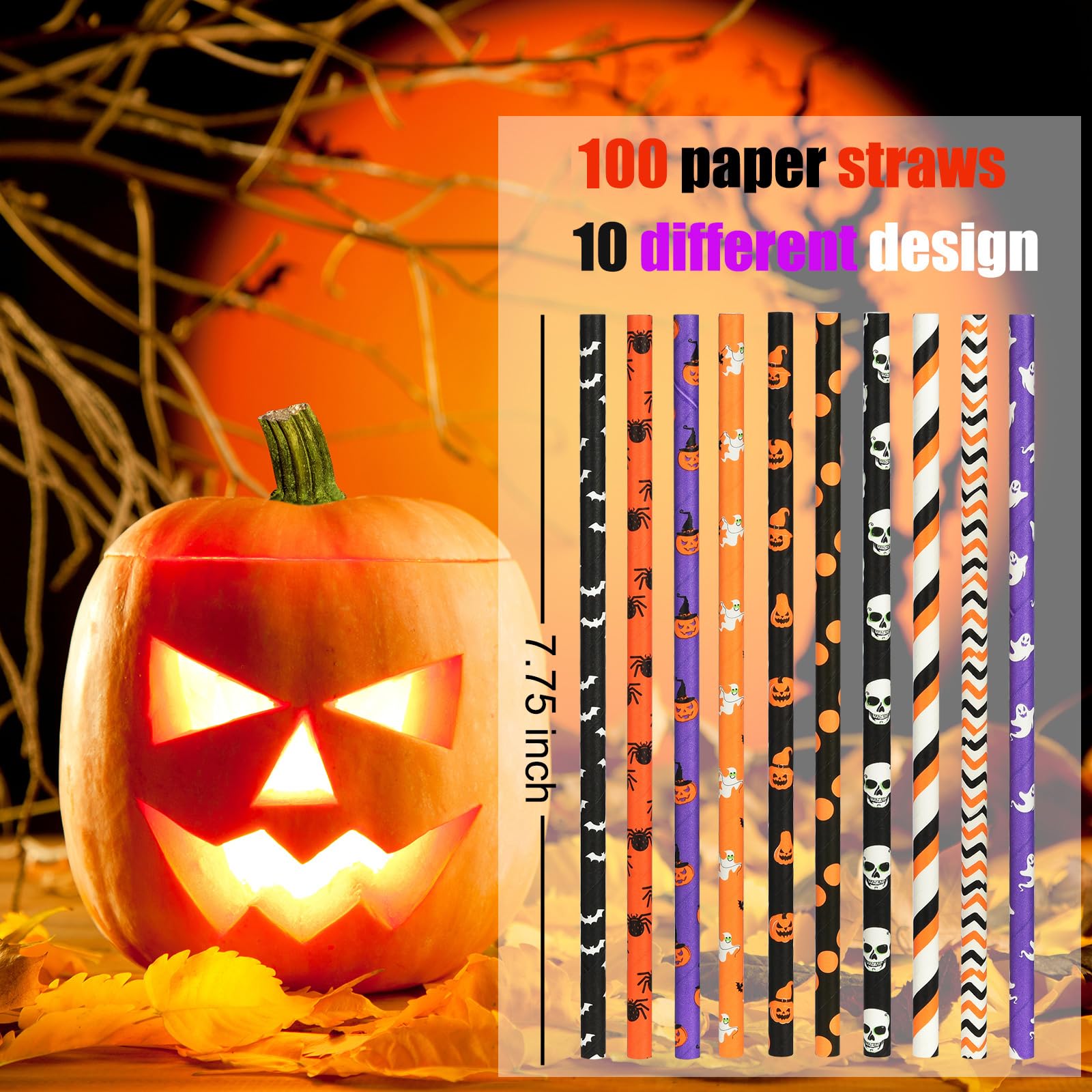 ALINK 100 Counts Halloween Paper Straws  10 Styles Black White Orange Purple Biodegradable Party Drinking Straws with Stripe  Wave  Dots  Skull Head  Ghost  Bats  Pumpkin  Spider Design