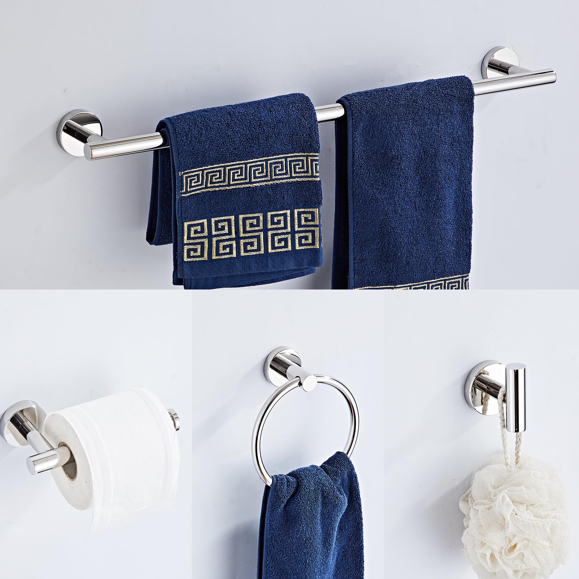 Chrome Bathroom Hardware Set 5 Piece With Towel Racks For Bathroom, Sus304 Stainless Steel Bath Towel Bar Set, 24 Inch Wall Moun