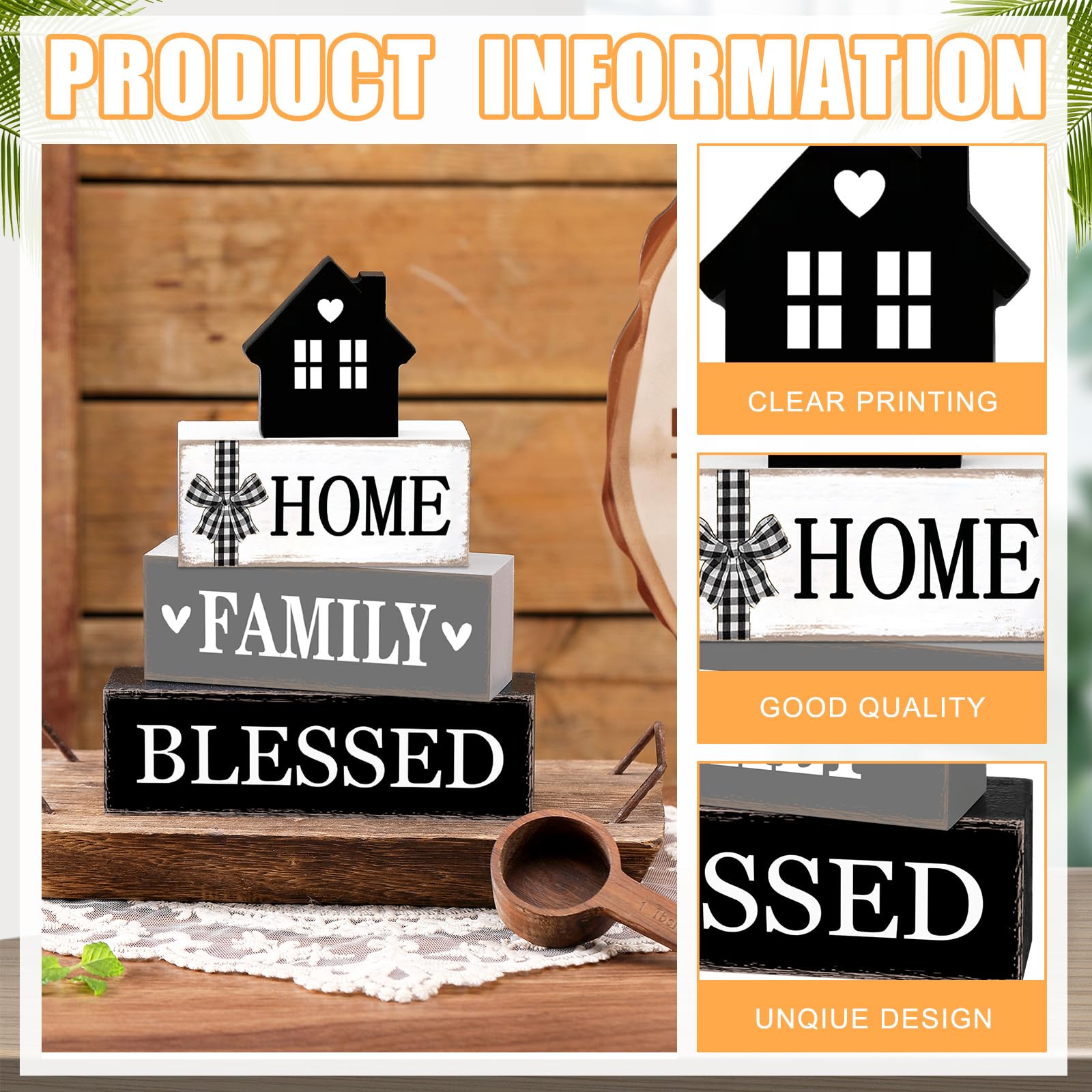 Cinnvoice Rustic Farmhouse Table Decor Blessed Signs for Home Decor Neutral Home Family Wood Sign Black and White Modern Tableto