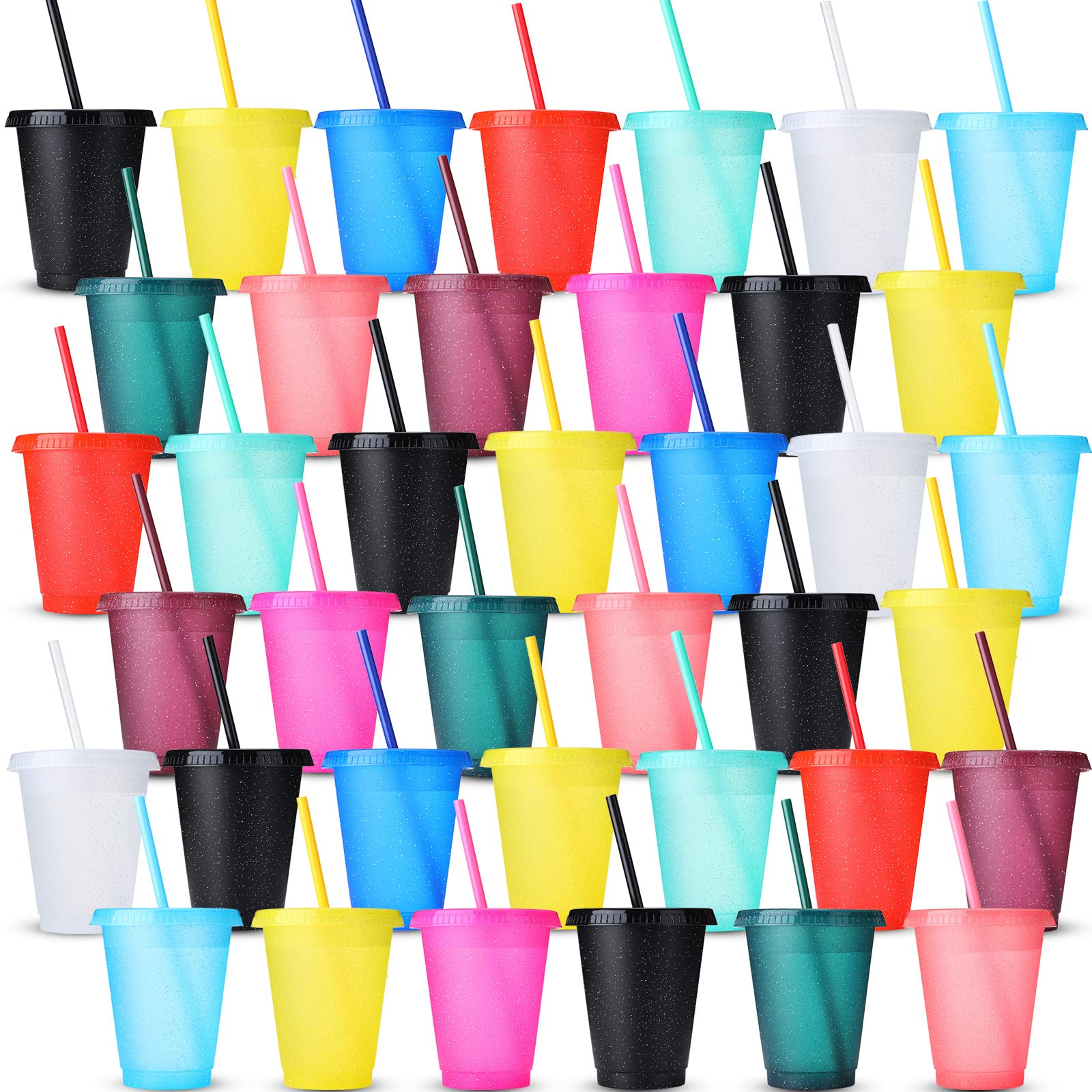 Potchen 60 Pcs Reusable Tumbler with Straws and Lids 16 oz Glitter Plastic Cup with Lids and Straws Bulk Colorful Water Bottle I