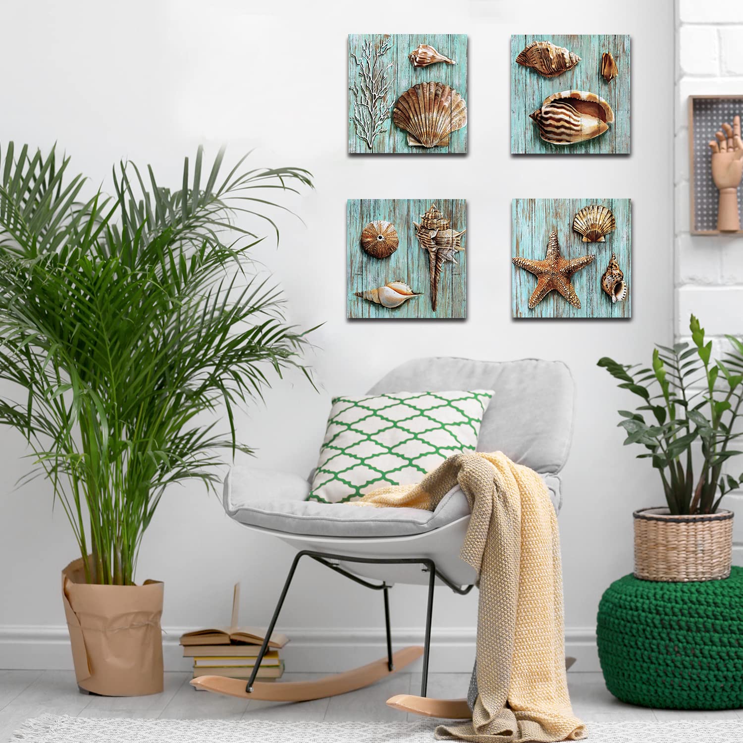 Rustic Seashell Wall Art Beach Decor Coastal Teal Blue Conch Shell Canvas Prints Farmhouse Ocean Wall Decor Nautical Beachy Star