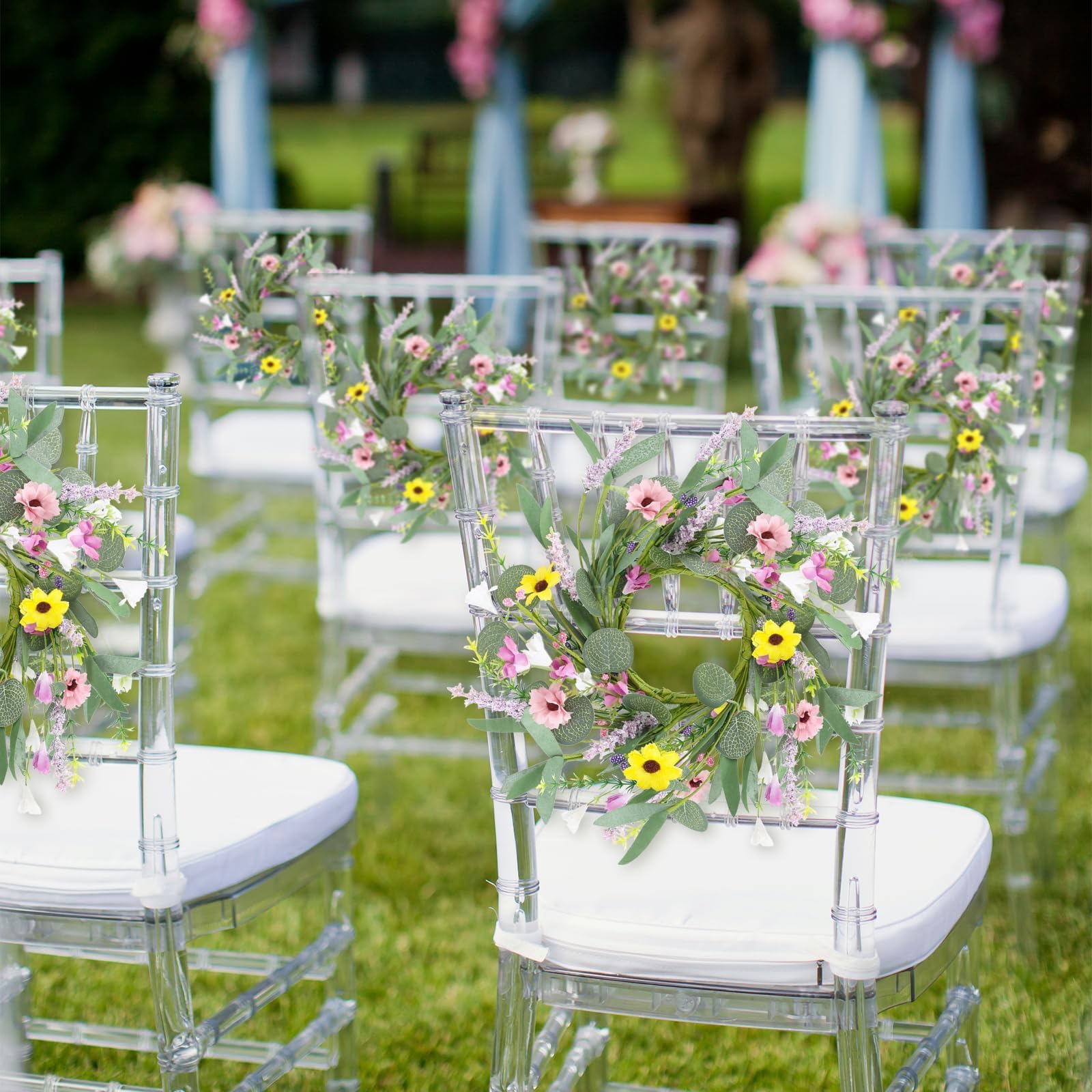 12 Pcs Spring Summer Artificial Flowered Wreath Mini Floral Wedding Candle Rings Wreaths Pillar Candle Holder for Wedding Spring