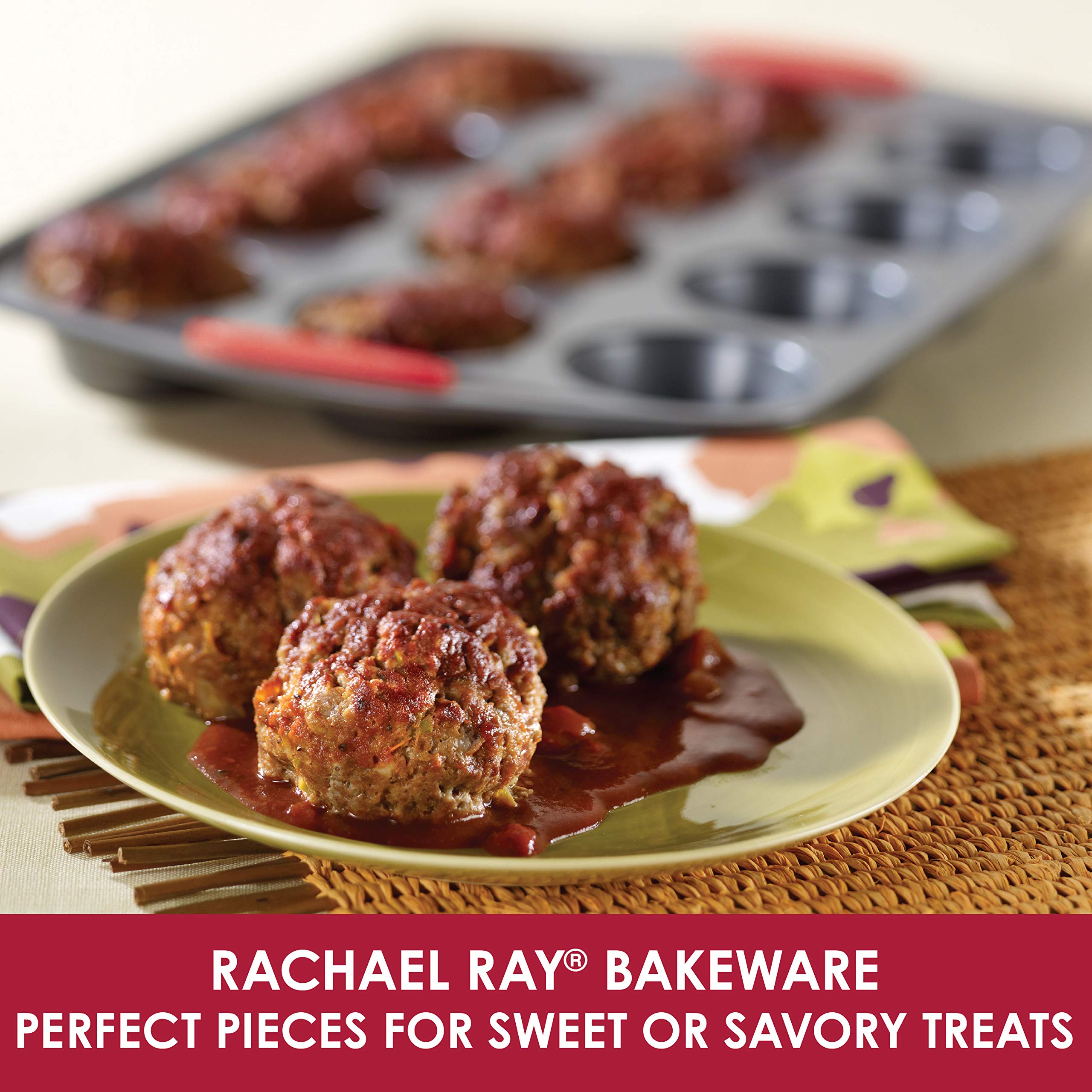Rachael Ray Yum-O! Nonstick Bakeware 12-Cup Muffin Tin With Grips / Nonstick 12-Cup Cupcake Tin With Grips - 12 Cup, Gray With R