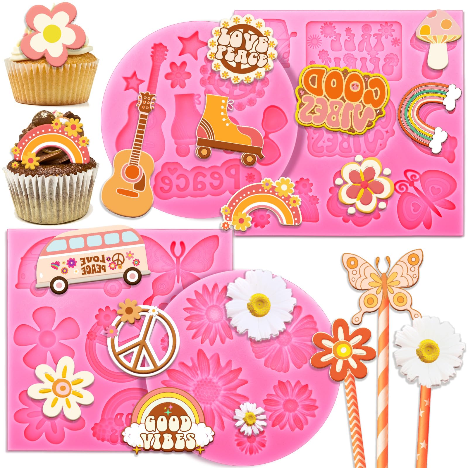 Bokon 4 Pcs Groovy Silicone Molds Fondant Molds Peace Sign Silicone Mold Hippie Rainbow Flower Chocolate Mold For Groovy Hippie