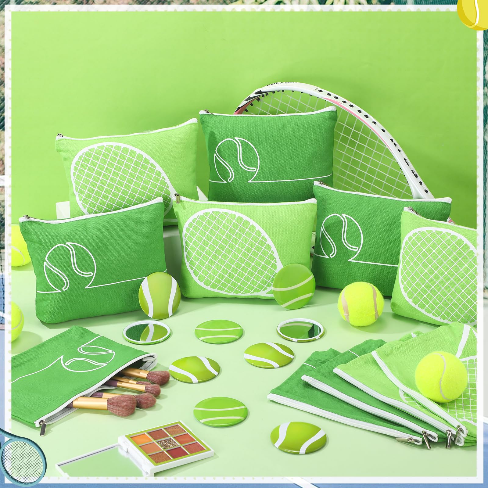 Kacctyen 24 Pcs Tennis Lovers Gifts For Women Tennis Themed Canvas Makeup Bags Compact Mirrors Accessories For Girl Bulk Party F