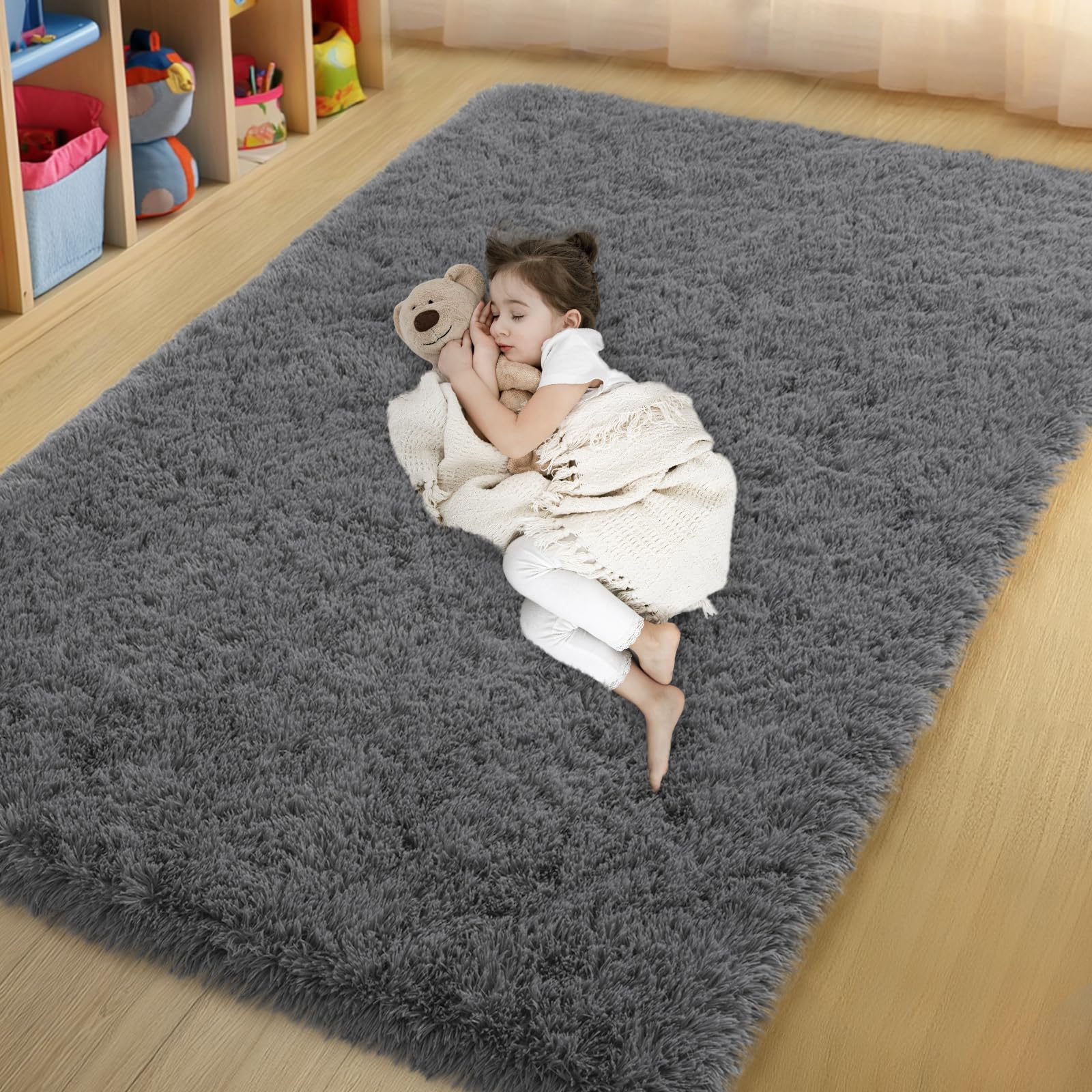 qulint 4x6 Bedroom Area Rug, Soft Fluffy Dark Grey Rug for Living Room Fuzzy Shag Small Carpet for Boys, Plush Shaggy Modern Alf