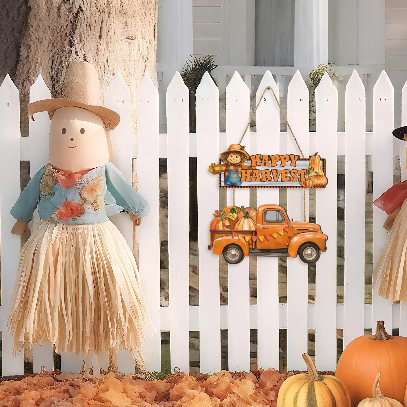 Ausril Happy Harvest Door Sign,Happy Thanksgiving Wooden Sign,Fall Truck Decor,Autumn Harvest Wall Plaque,Scarecrow Wall Hanging