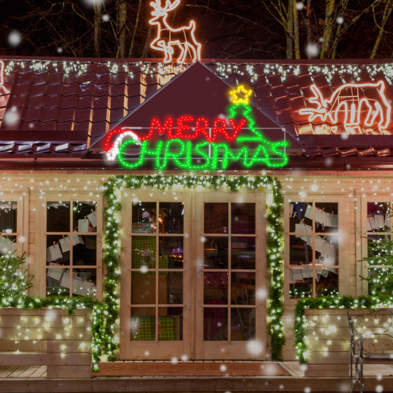 Rossesay Lighted Merry Christmas Sign Decoration Extra Large Green and Red LED Neon Pre Lit Display Outdoor Christmas Yard Decor