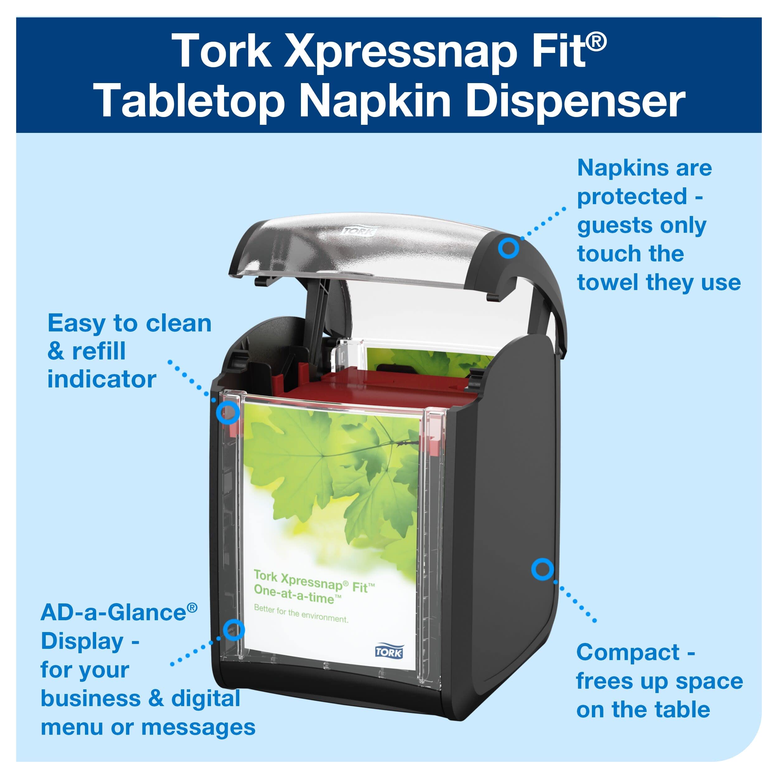 Tork Xpressnap Fit Tabletop Napkin Dispenser Black N14, Signature Range, One-At-A-Time Dispensing, 6.7'' X 4.4'' X 5.6'', 723200