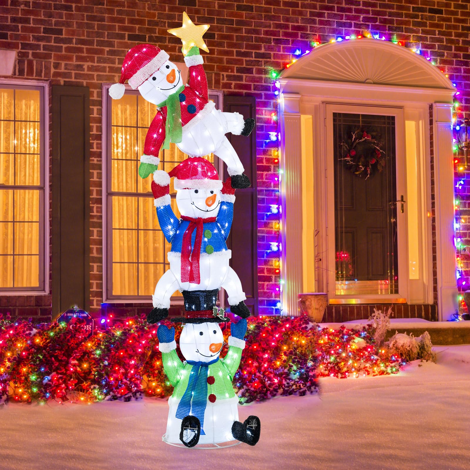 Tangkula 6 FT Lighted Christmas Stacked Snowman Set, Light-up Christmas Decoration with 155 LED Lights, Ground Stakes & Zip Ties