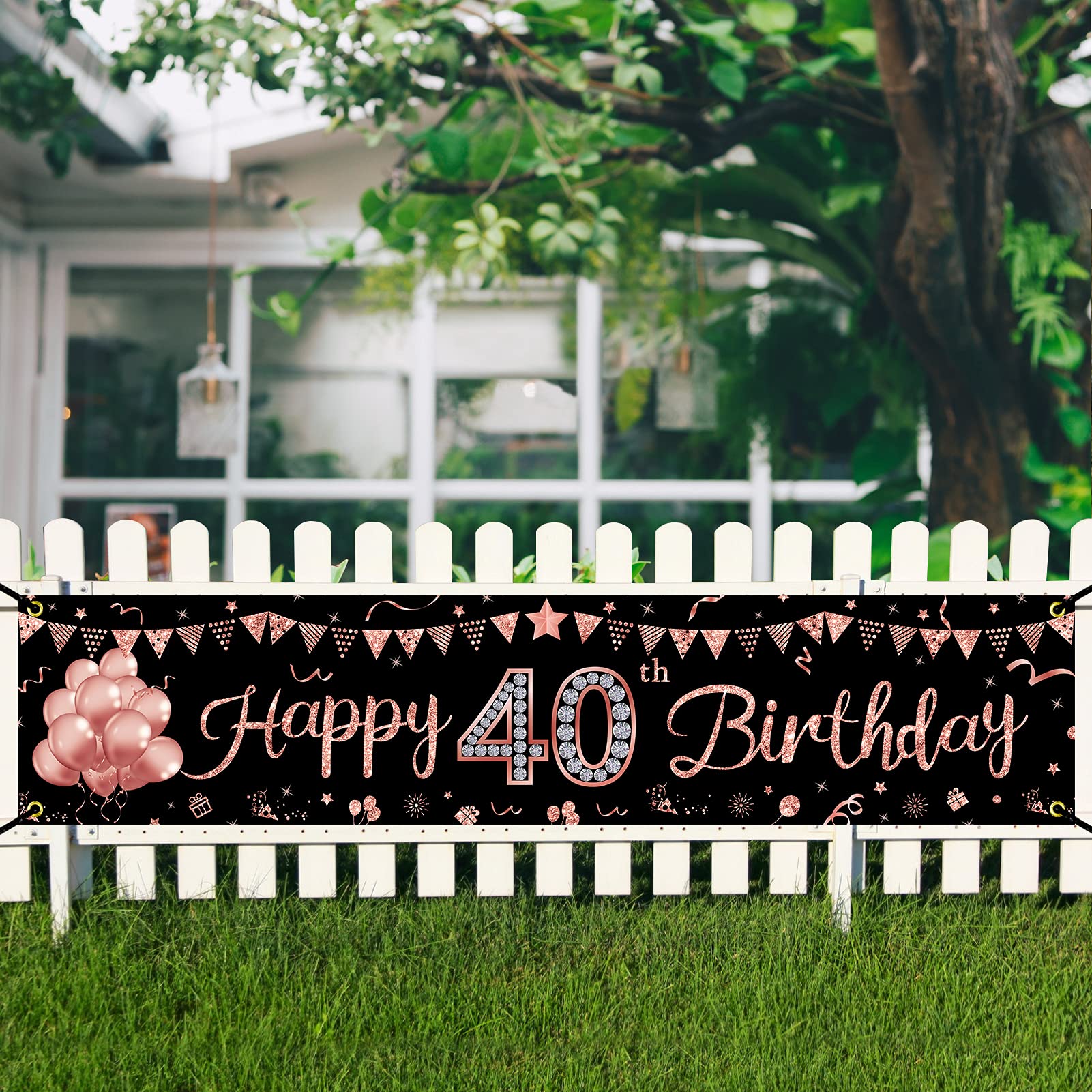 40Th Birthday Banner Decorations For Women, Rose Gold Happy 40 Year Old Birthday Sign Party Supplies, Forty Bday Party Decor Pho